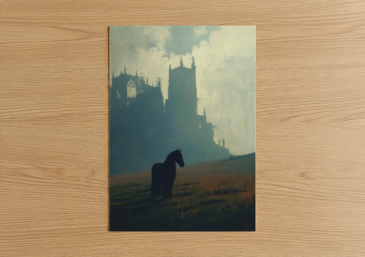 Friesian Horse Misty Castle Landscape Wall Art