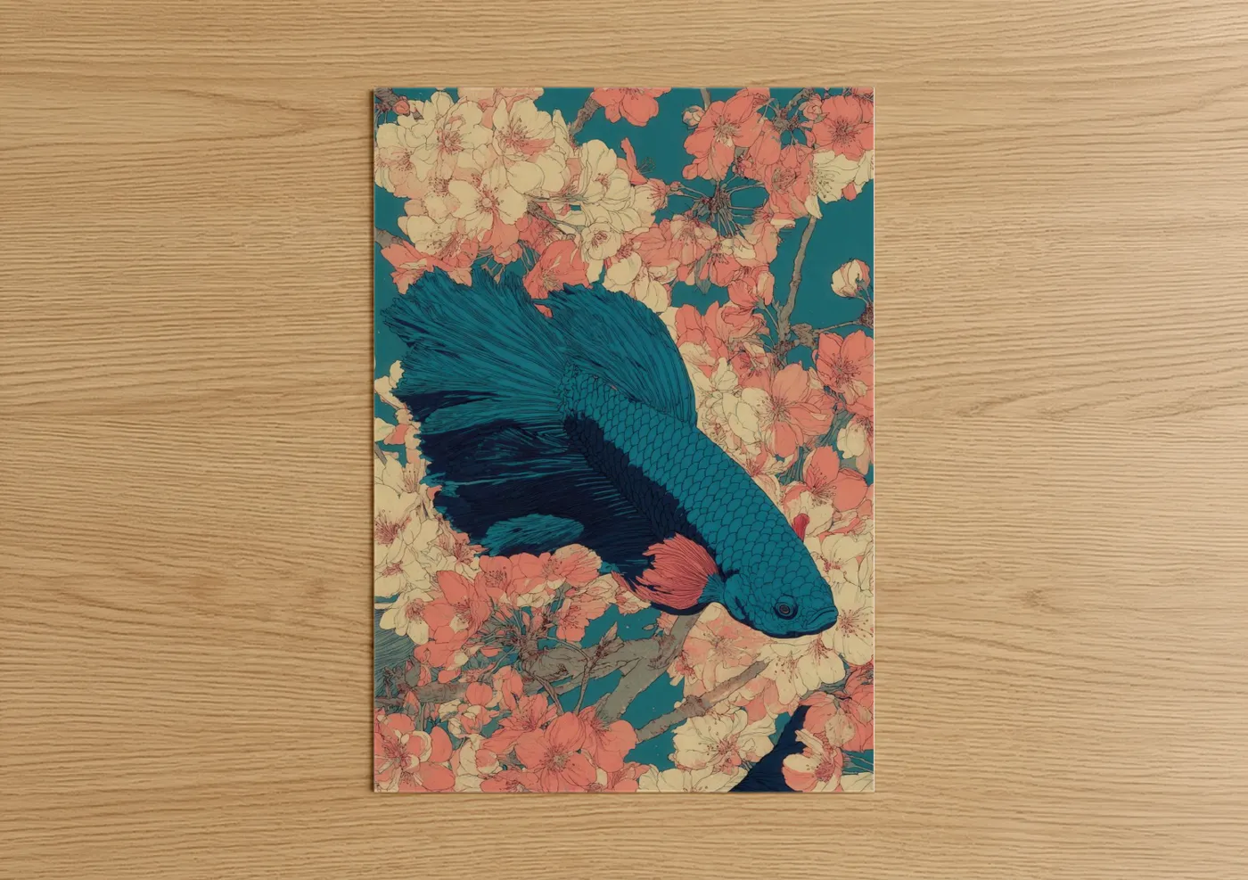 Art print on warm oak wood — teal and salmon pink palette — Coral Betta Fish poster