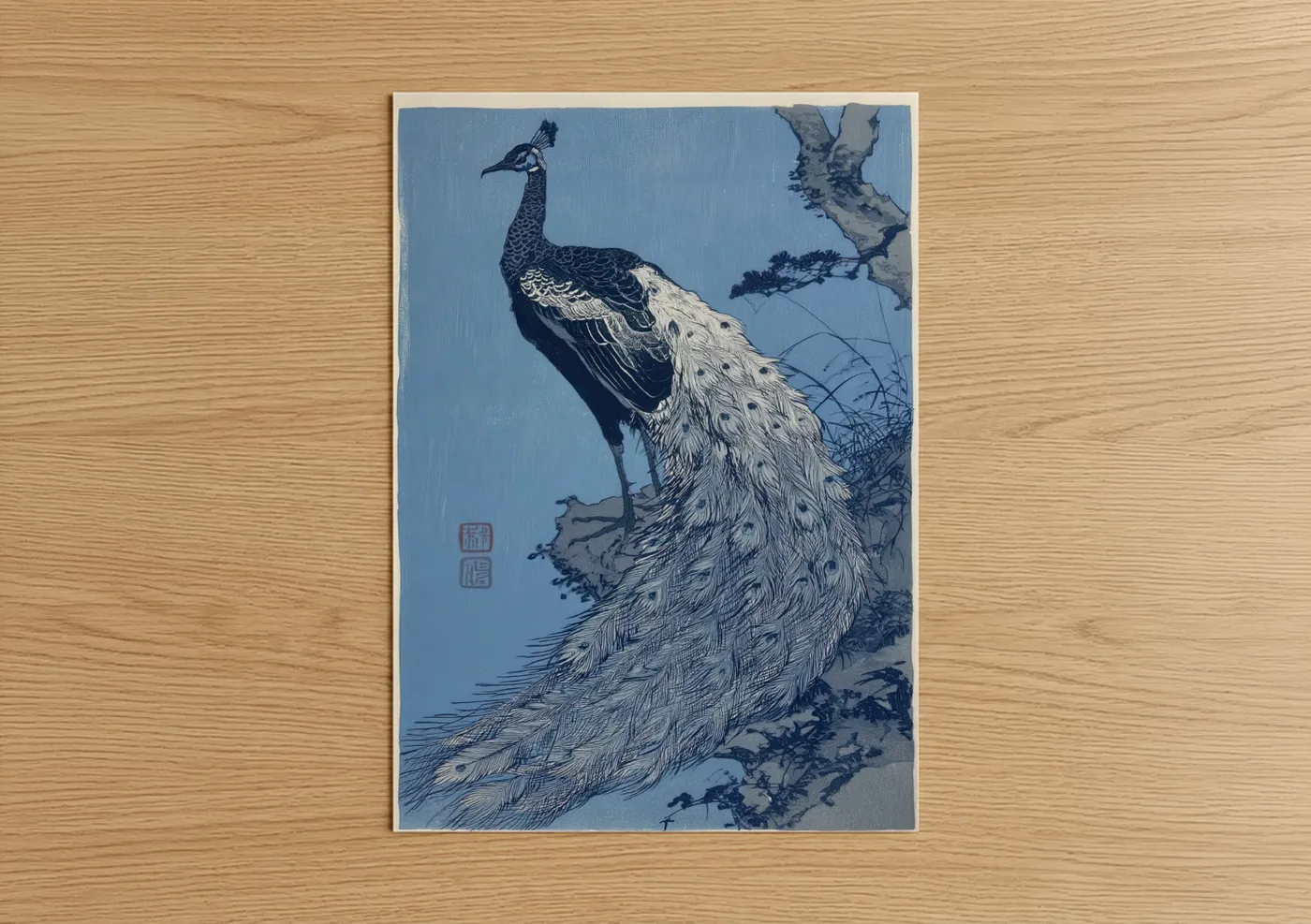 Azure Peacock Japanese Woodblock Wall Art