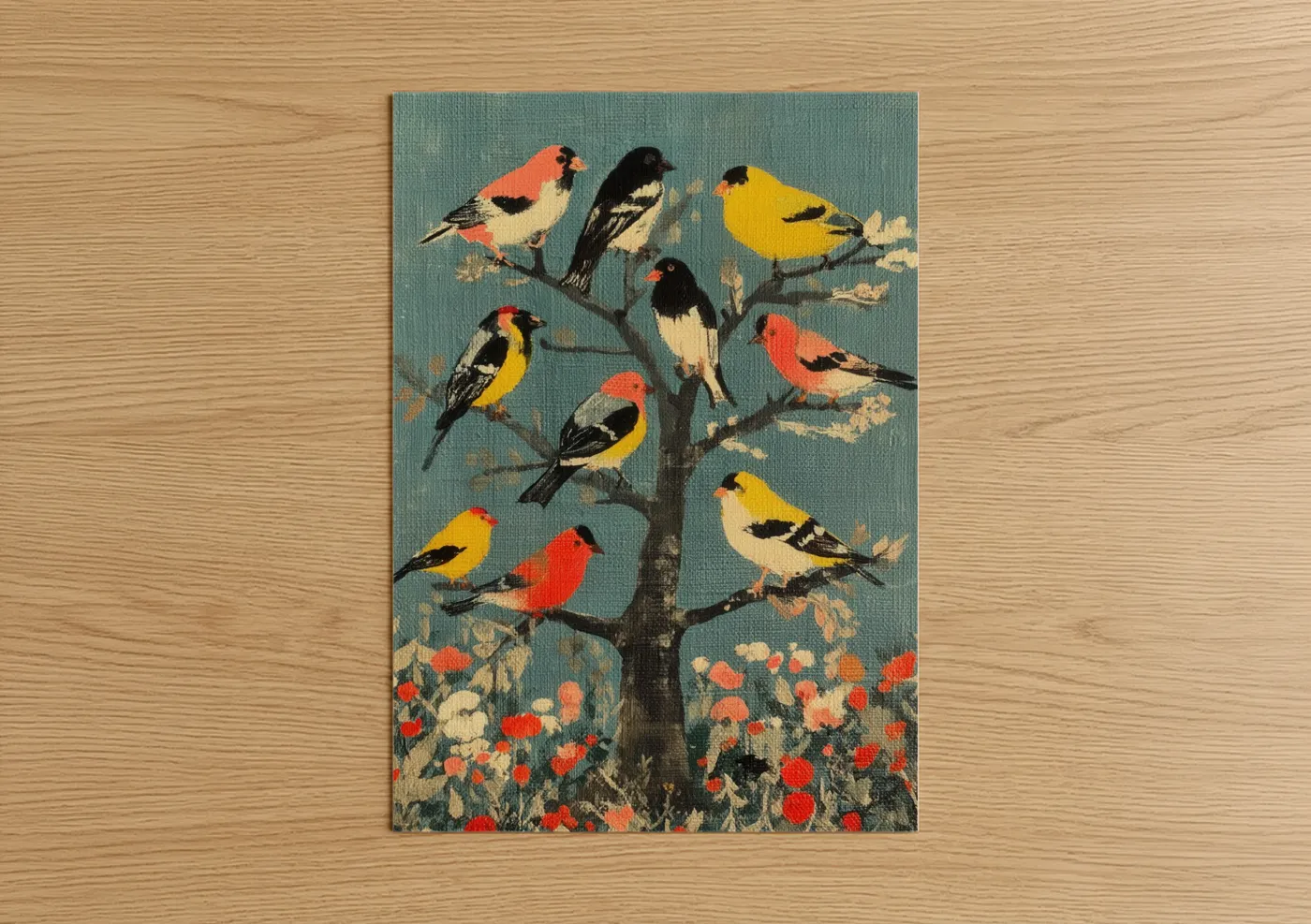 Colorful Finches on Branch Illustration Wall Art