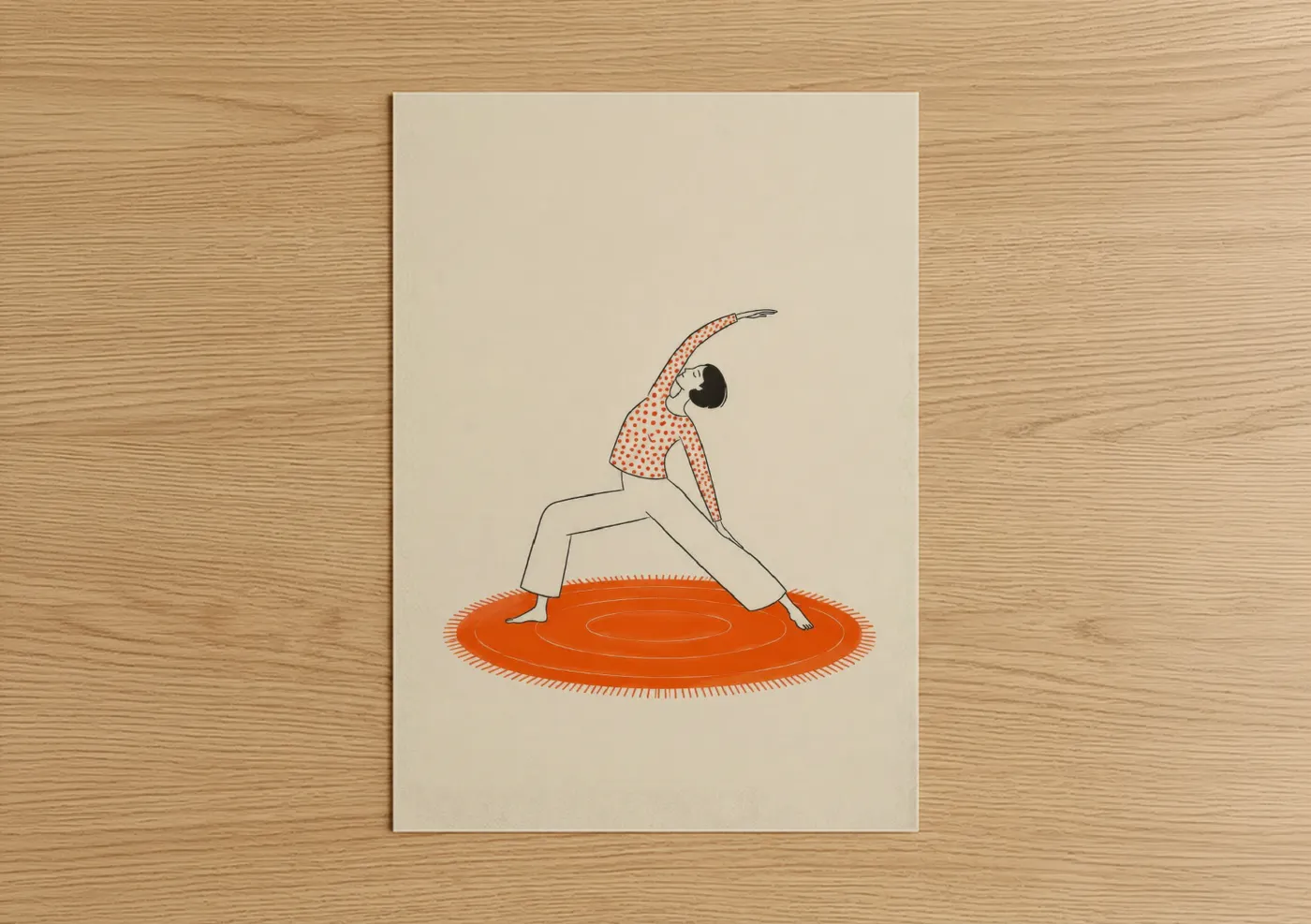 Fitness yoga art print on warm oak wood — orange and beige palette — Yoga Triangle Pose Minimalist Wall Art poster