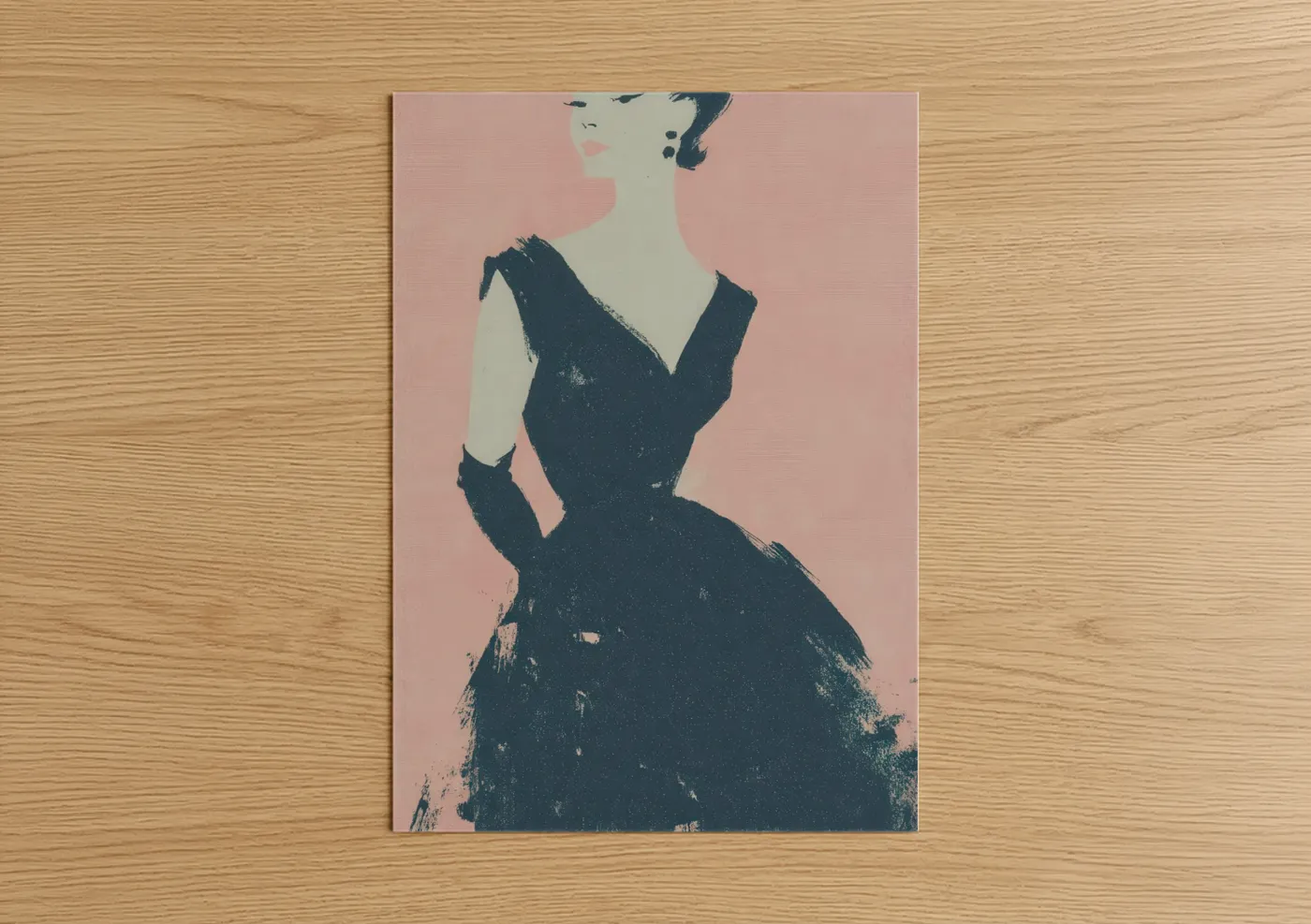 Fashion illustration art print on warm oak wood — peach and dark blue palette — Elegant Evening Silhouette poster