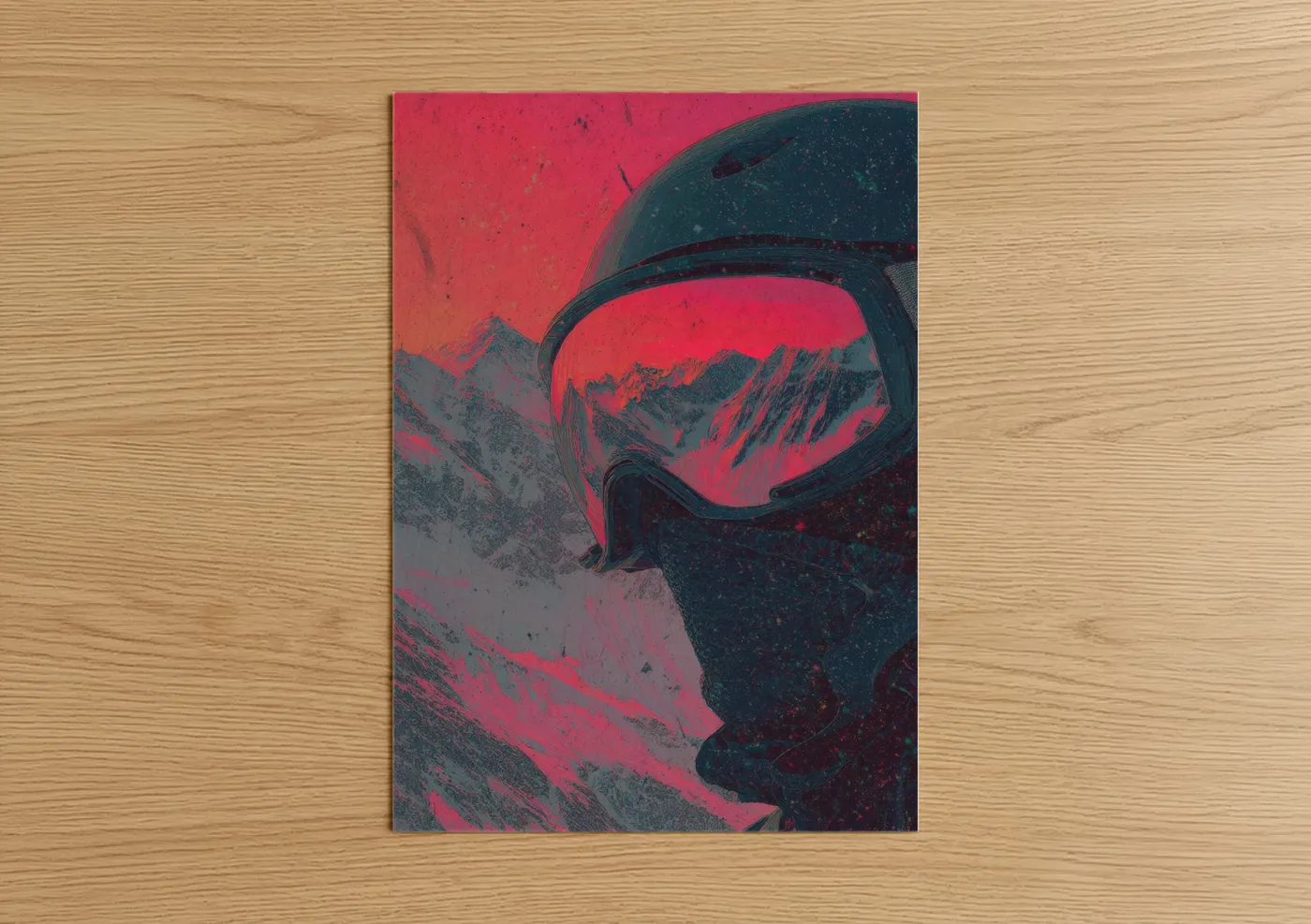 Snowboarding art print on warm oak wood — red and black palette — Alpine Snowboarder poster