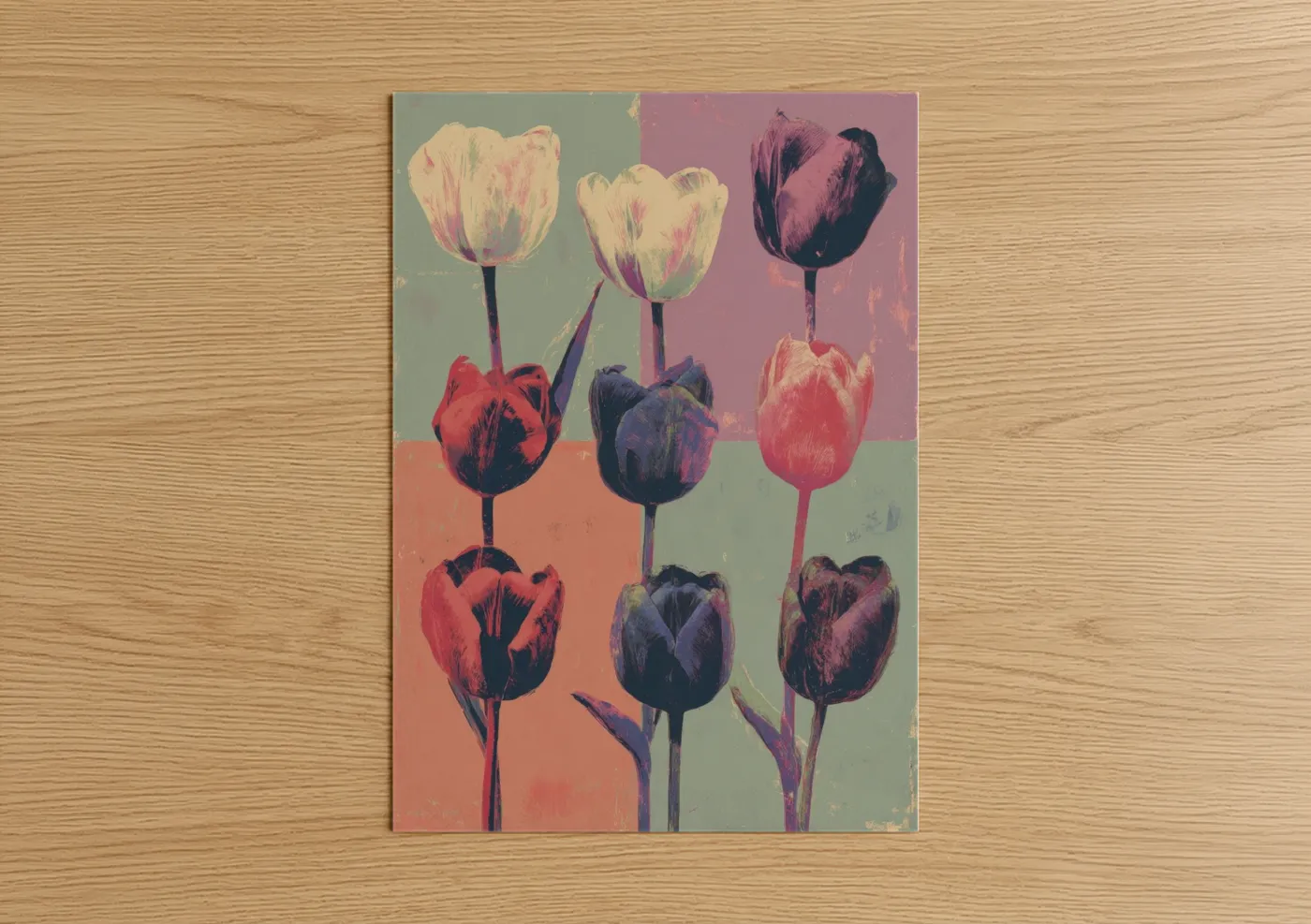 Art print on warm oak wood — magenta and cream palette — Pop Art Tulips poster