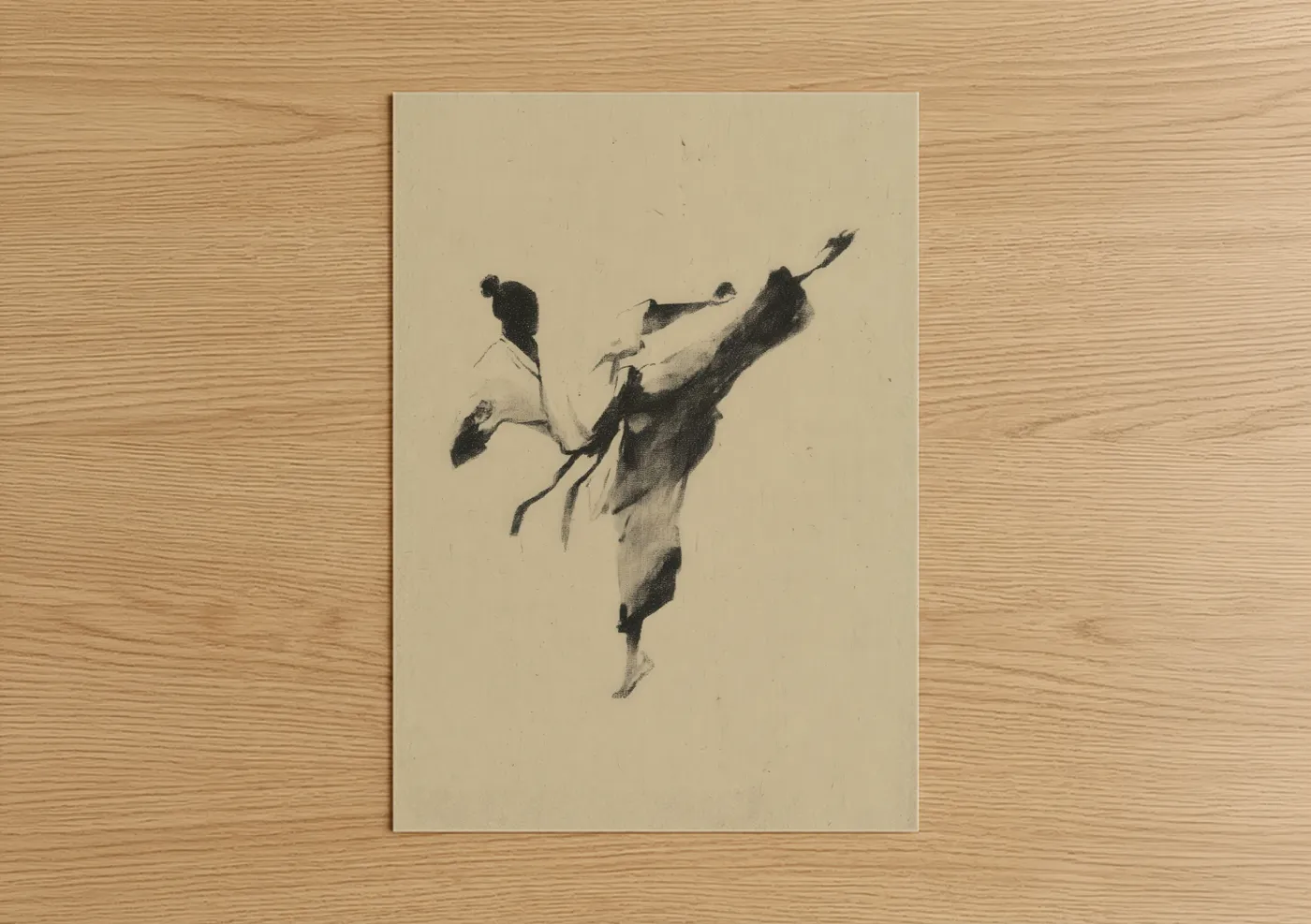 Kick boxing art print on warm oak wood — beige and black palette — Dynamic Kick Boxer poster