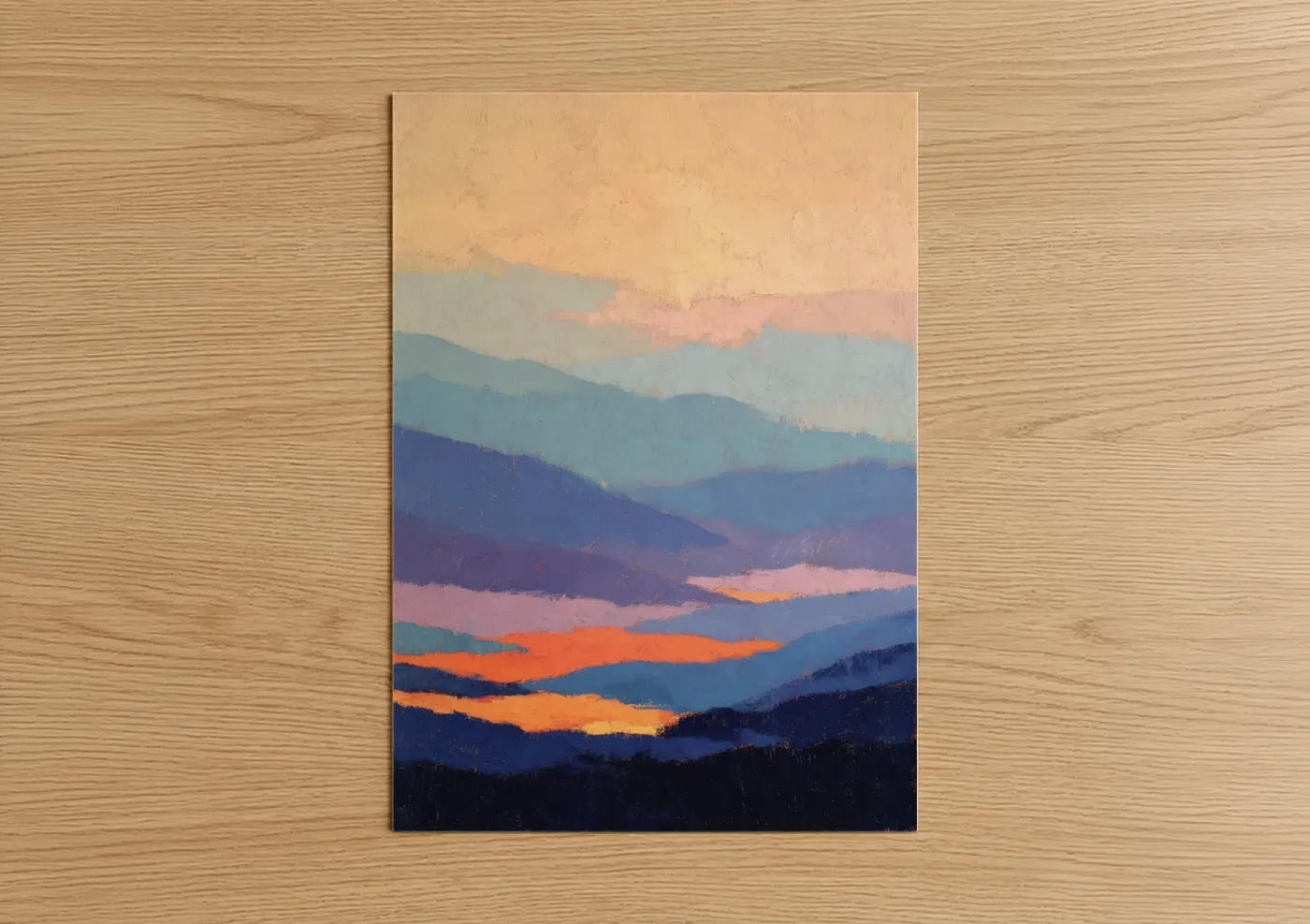 Blue ridge mountains art print on warm oak wood — blue and orange palette — Layered Mountain Sunset poster