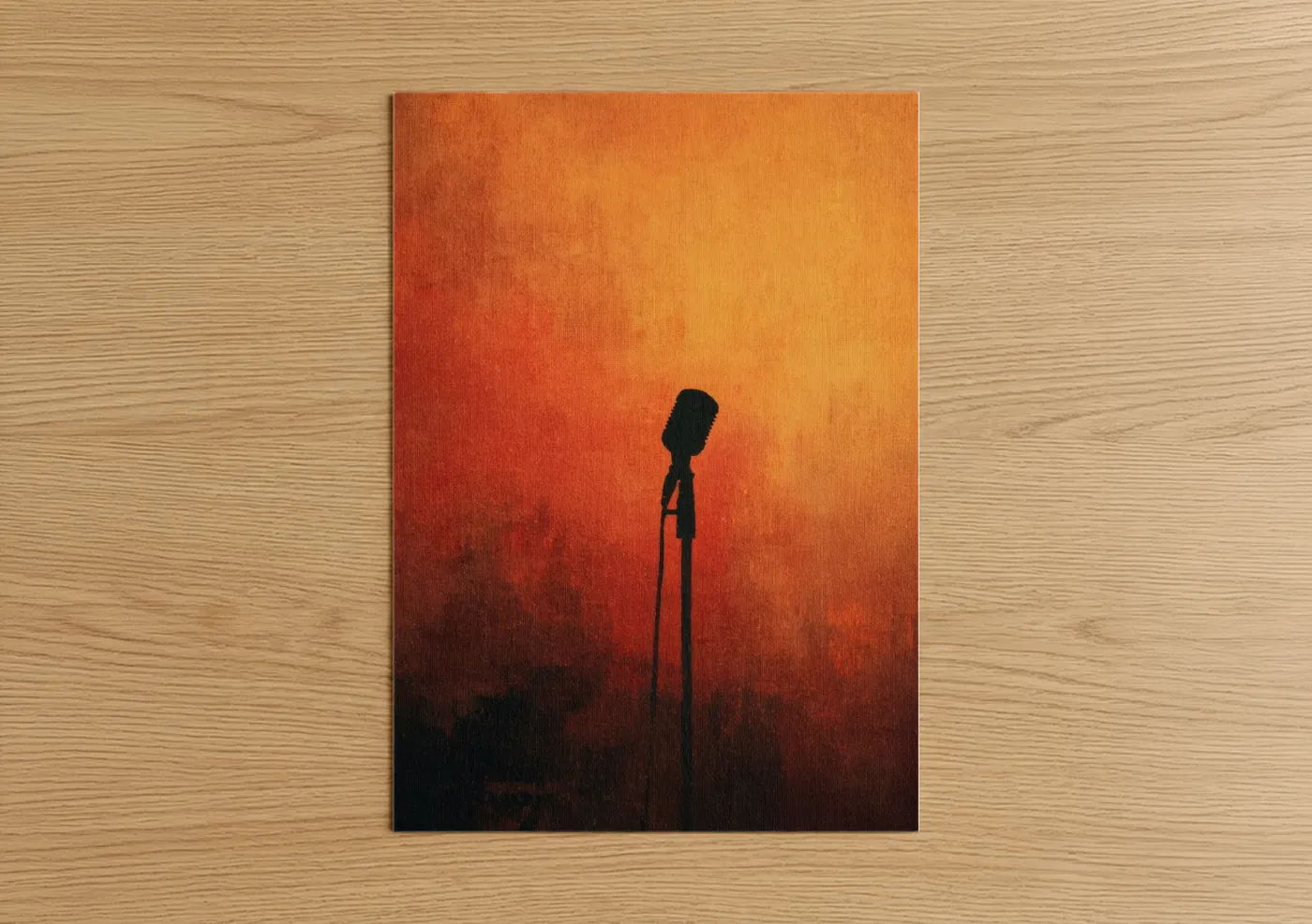 Art print on warm oak wood — red and orange palette — Sunset Microphone poster