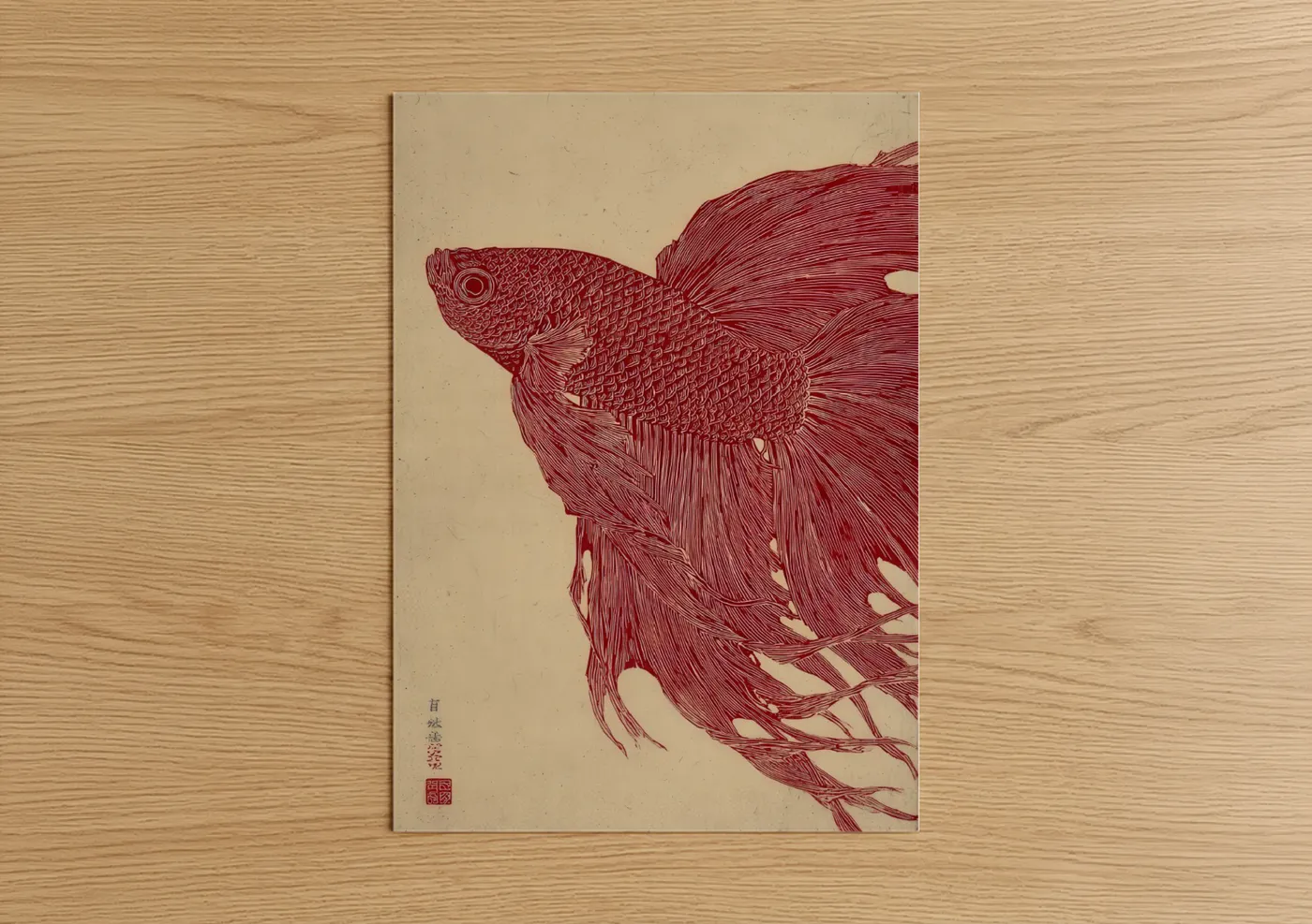 Art print on warm oak wood — maroon and cream palette — Crimson Betta Fish poster