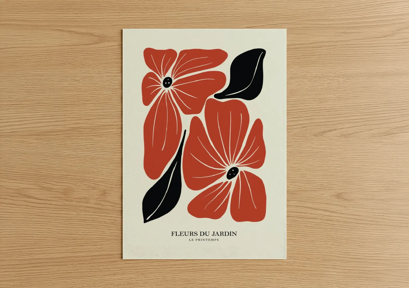 Abstract flower art print on warm oak wood — red and black and white palette — Crimson Garden Blooms poster