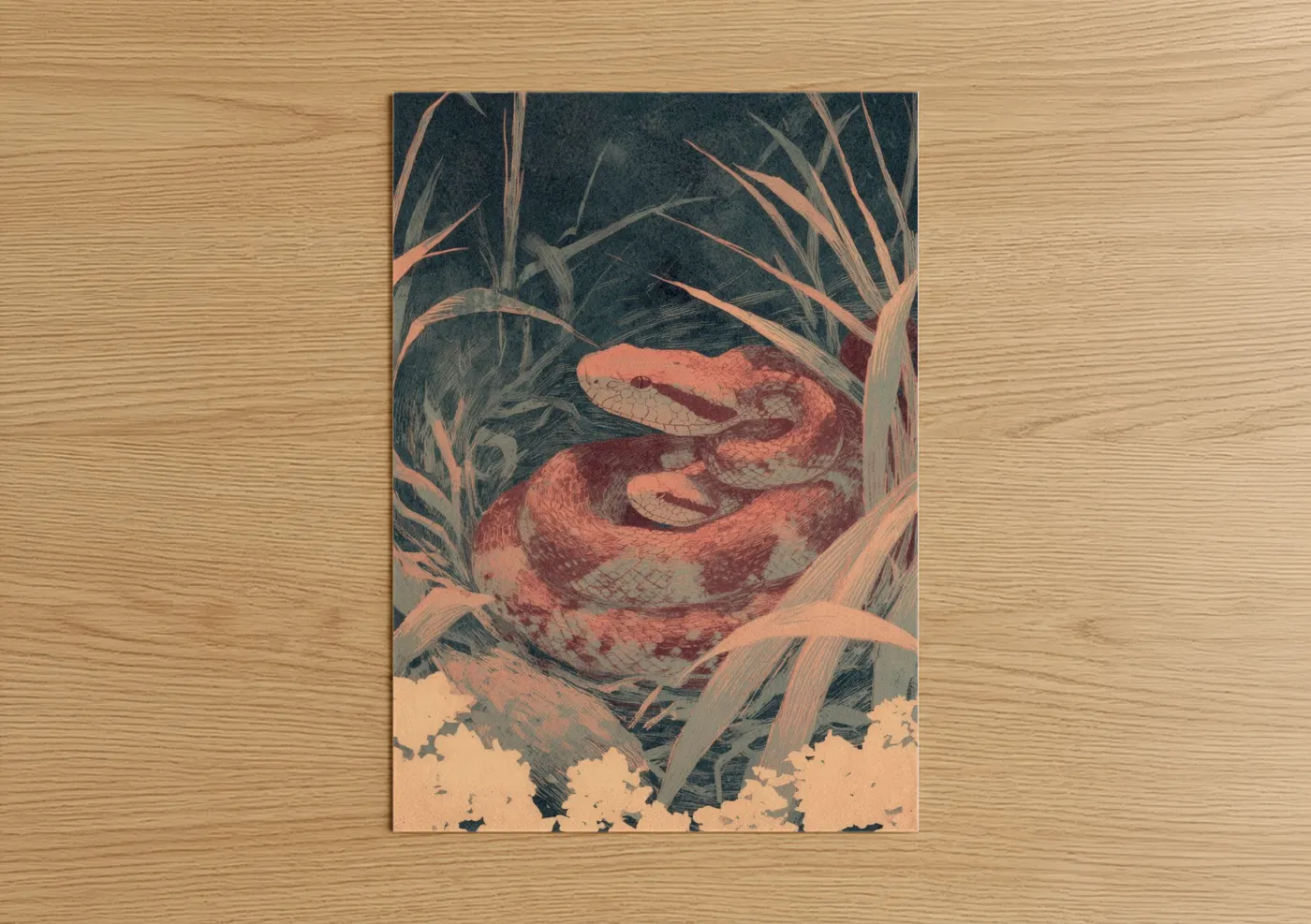 Art print on warm oak wood — russet and dark blue palette — Crimson Rattlesnake poster