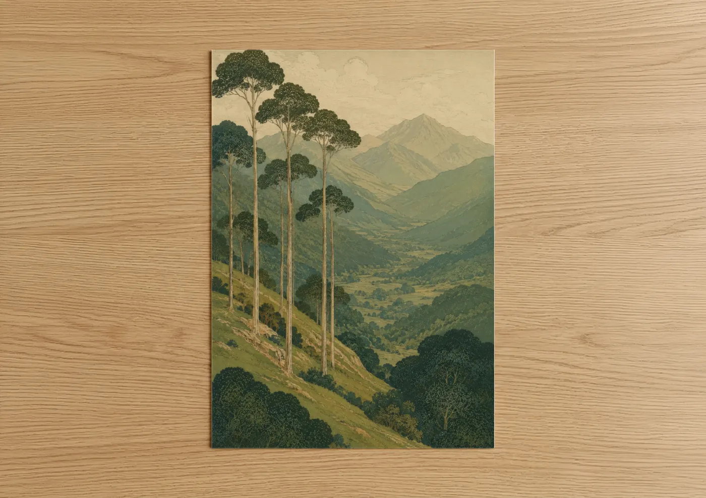 Art print on warm oak wood — true green and beige palette — Mountain Valley Eucalyptus Trees Wall Art poster