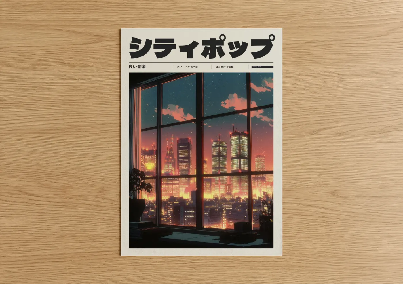 Anime and manga art print on warm oak wood — gold and dark blue palette — Neon Cityscape Window poster