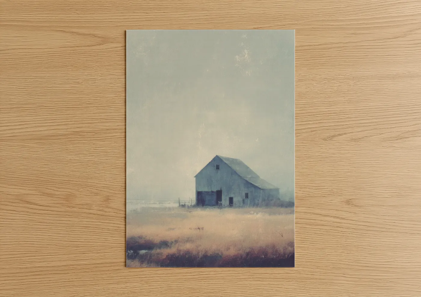 Art print on warm oak wood — dove gray and peach palette — Misty Barn poster