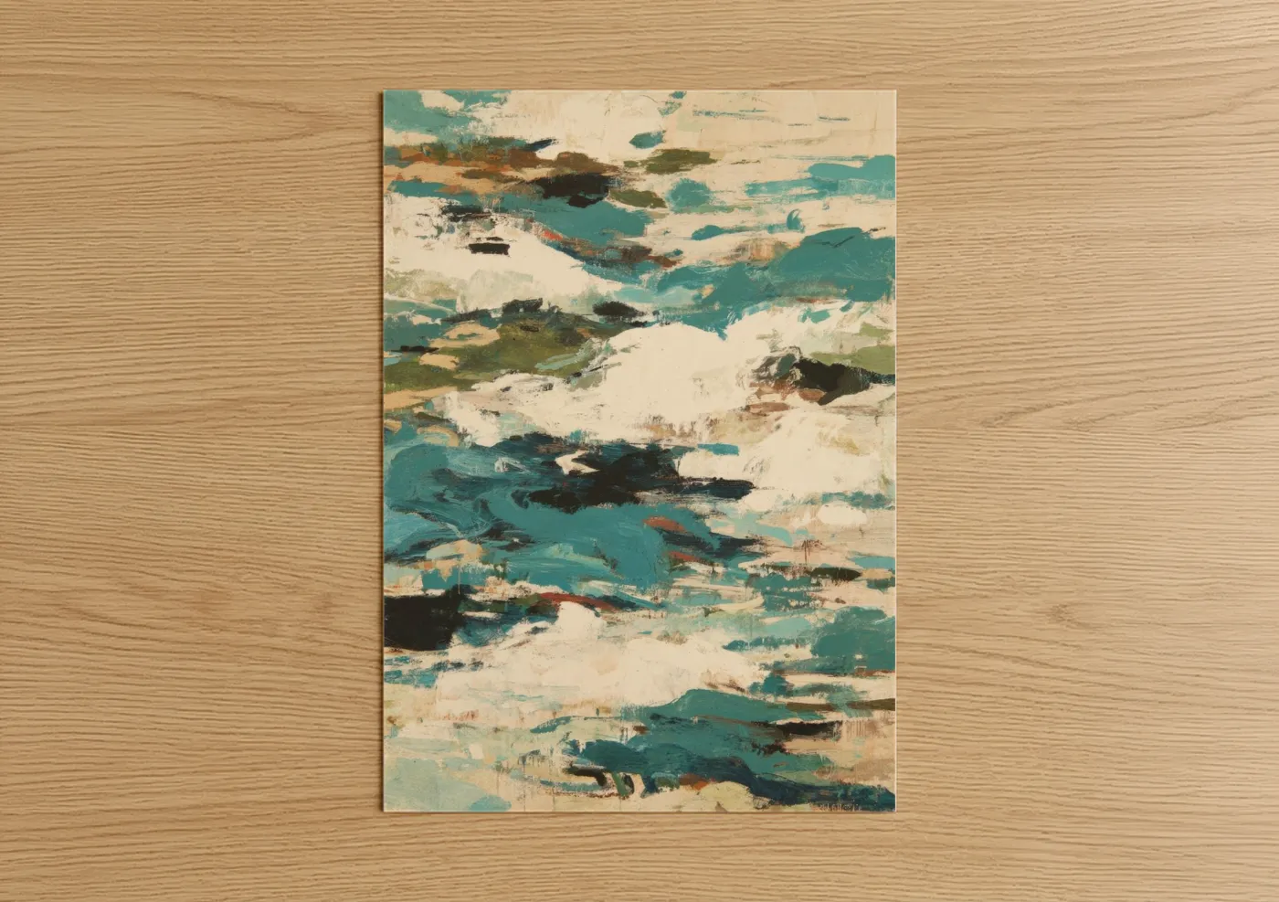 Abstract expressionism art print on warm oak wood — teal and cream palette — Coastal Horizons poster