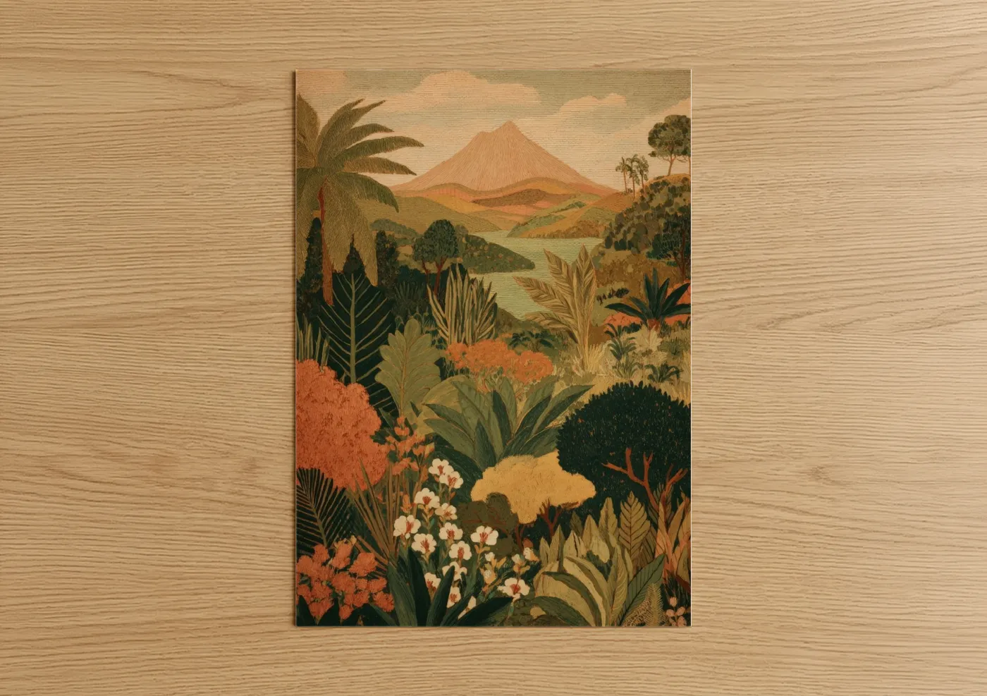 Art print on warm oak wood — gold and sage green palette — Tropical Volcano Vista poster