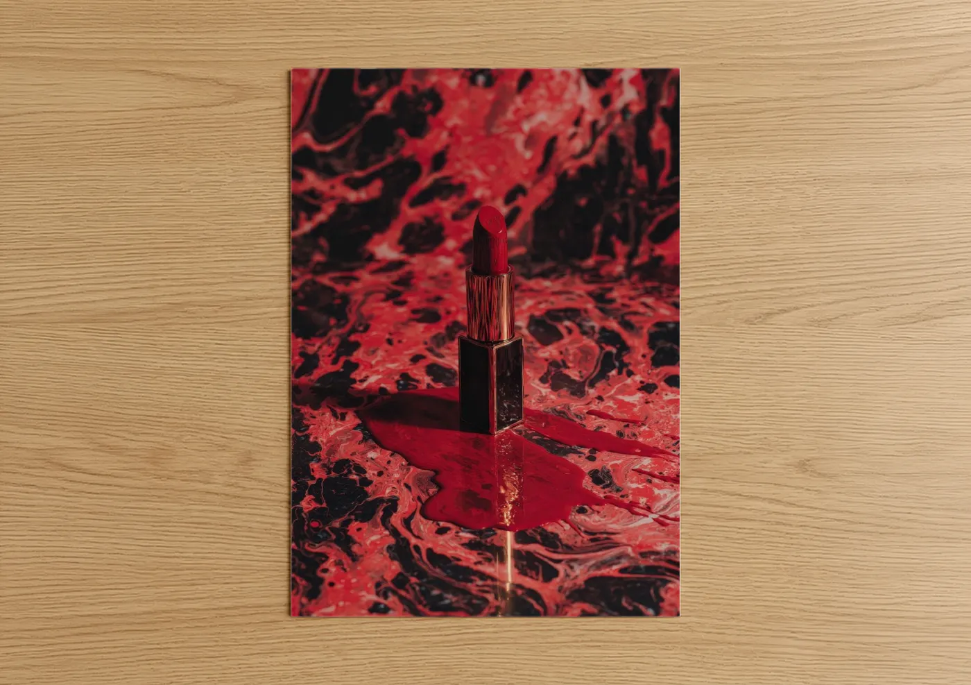 Make up art print on warm oak wood — red and black and red palette — Crimson Lipstick poster