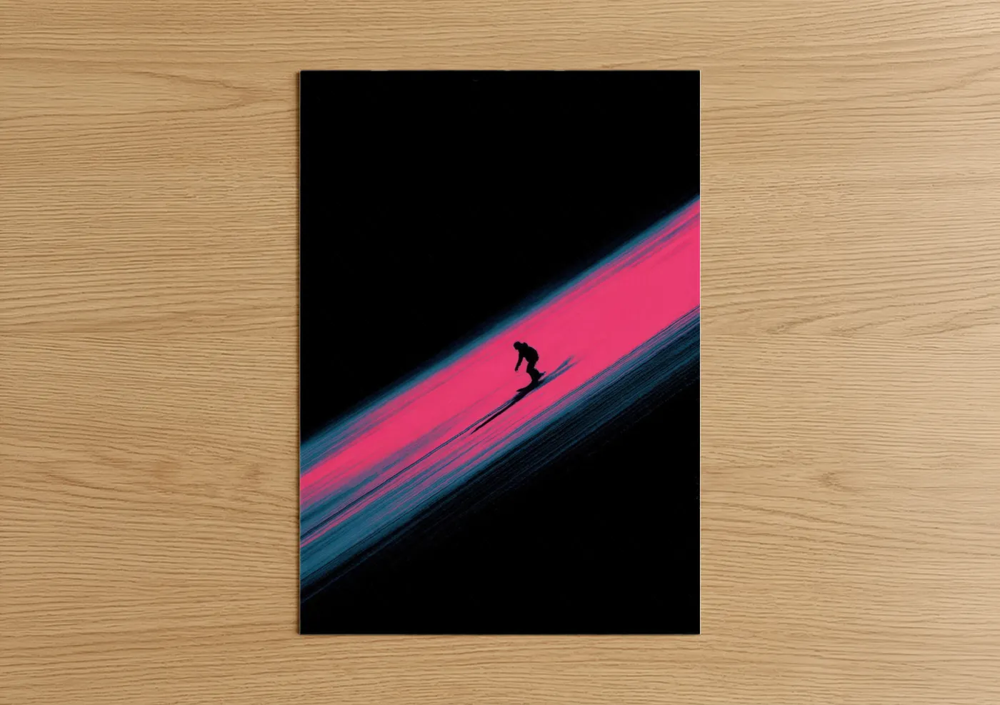 Snowboarding art print on warm oak wood — magenta and dark blue palette — Neon Descent poster