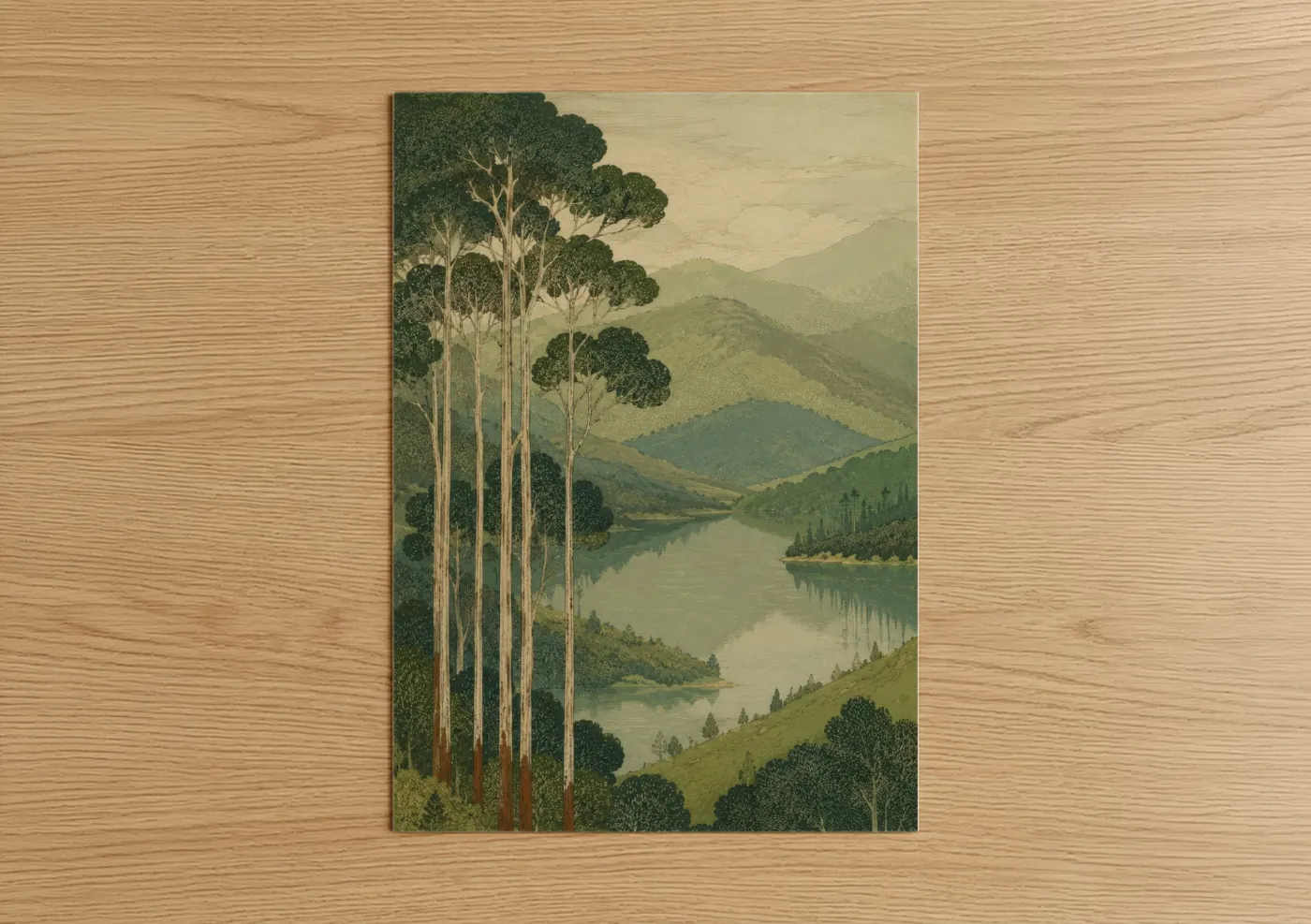 Art print on warm oak wood — sage green and beige palette — Mountain River Eucalyptus Forest Wall Art poster