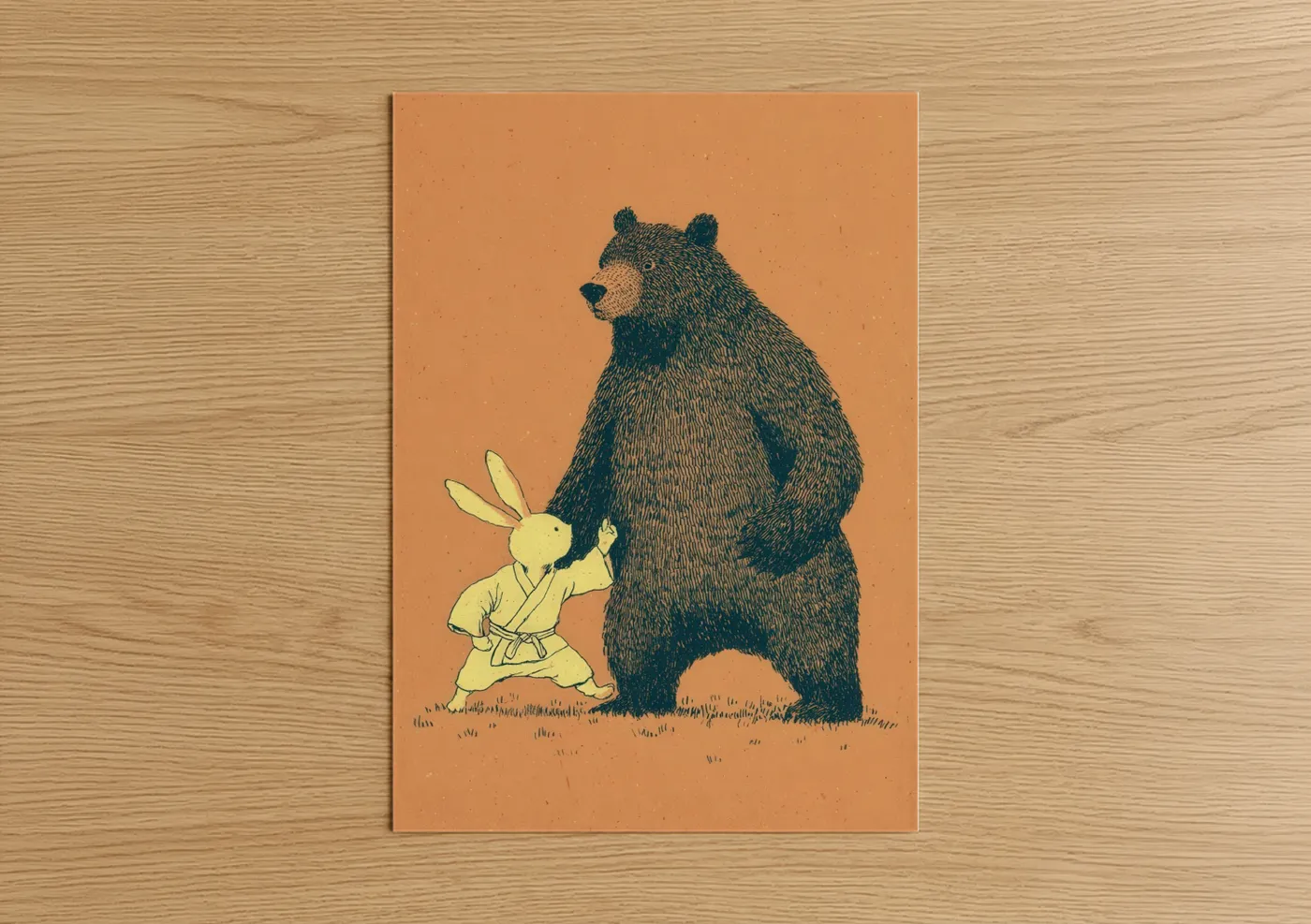 Judo art print on warm oak wood — pumpkin and true green palette — Martial Arts Bear poster