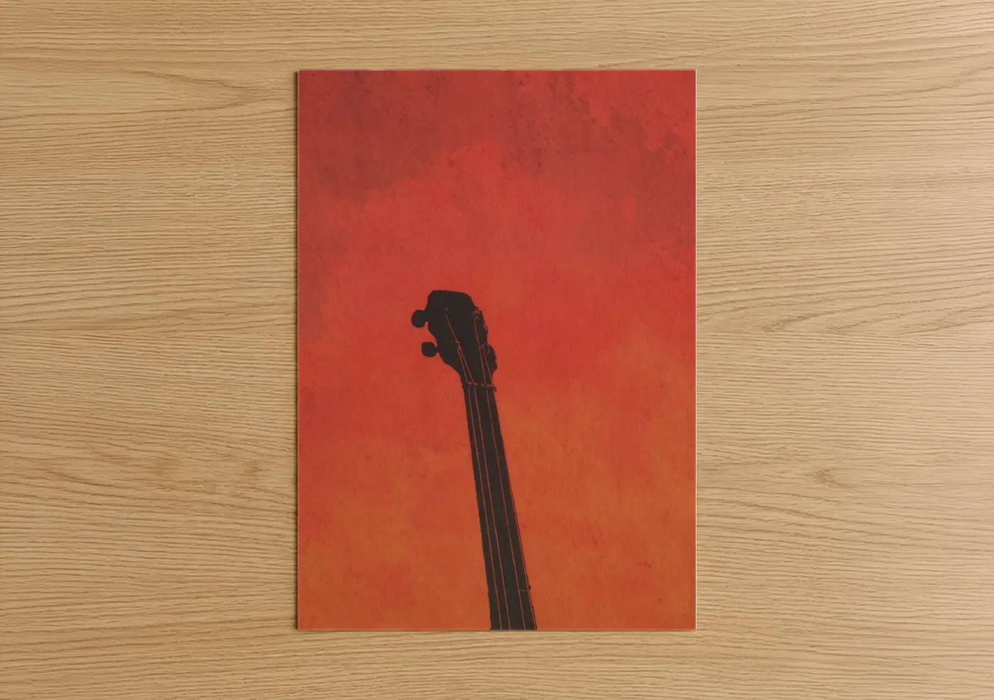 Art print on warm oak wood — red and orange palette — Crimson Banjo Silhouette poster