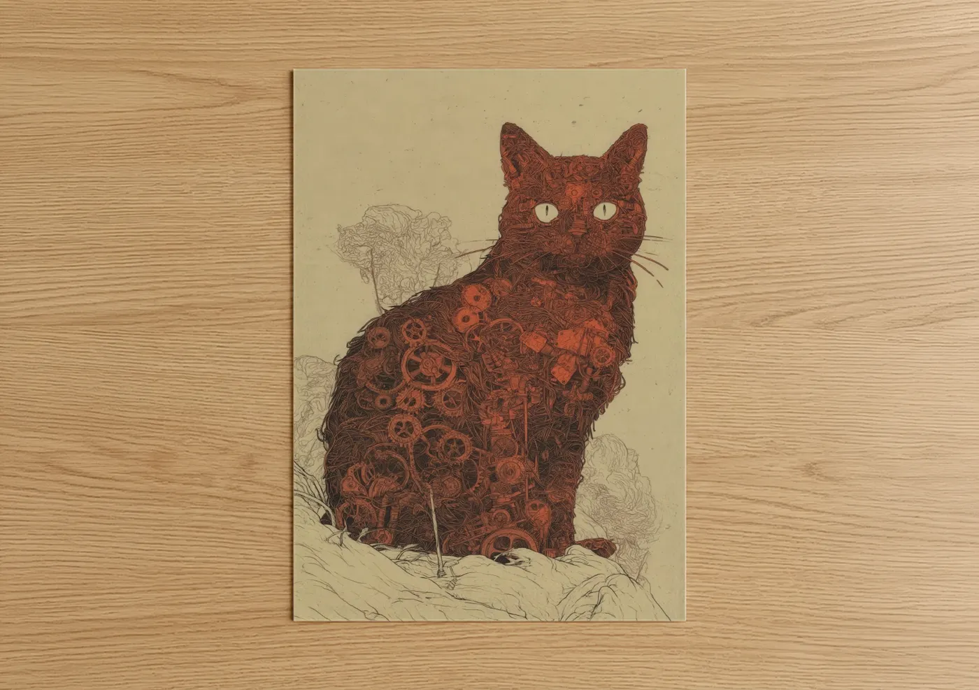 Art print on warm oak wood — russet and cream palette — Steampunk Cat poster