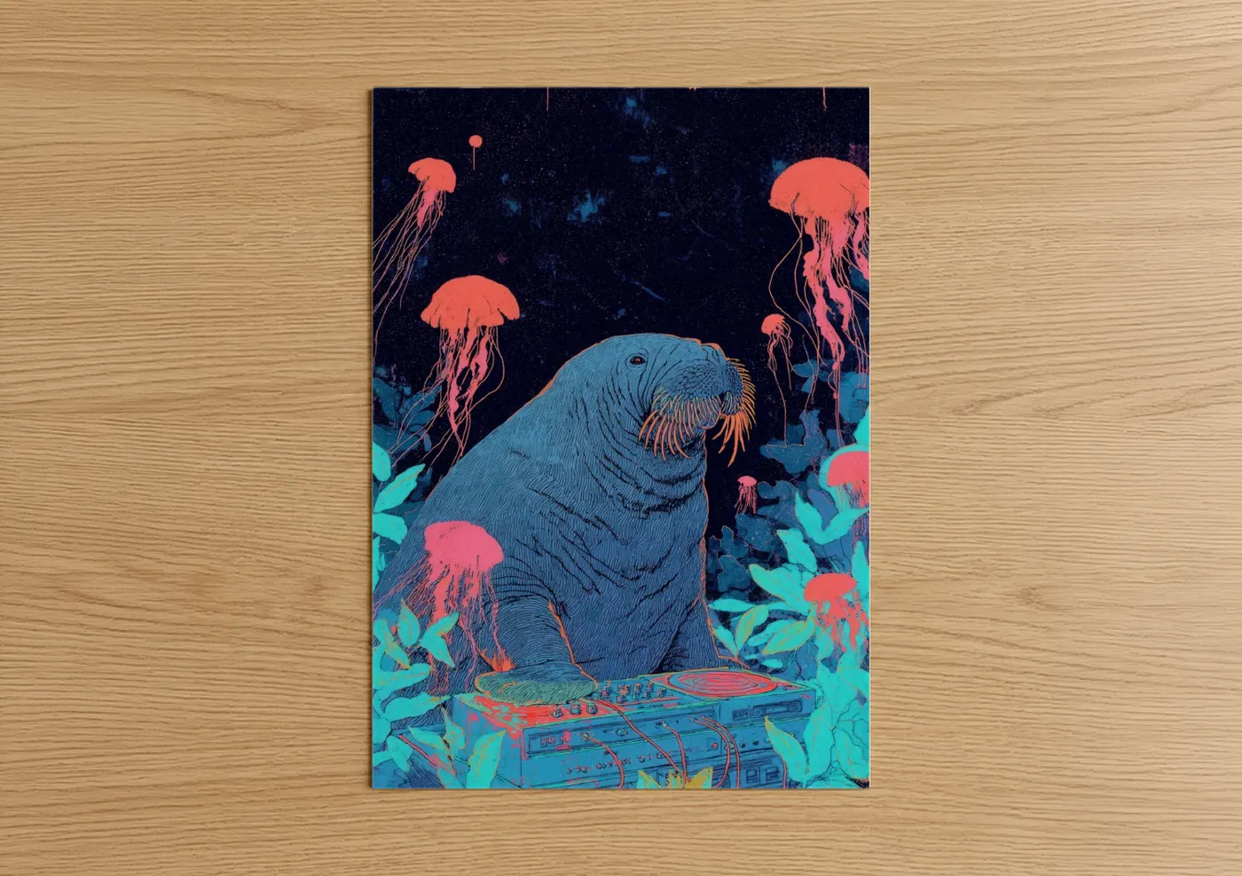 Neon Walrus DJ Underwater Scene Wall Art