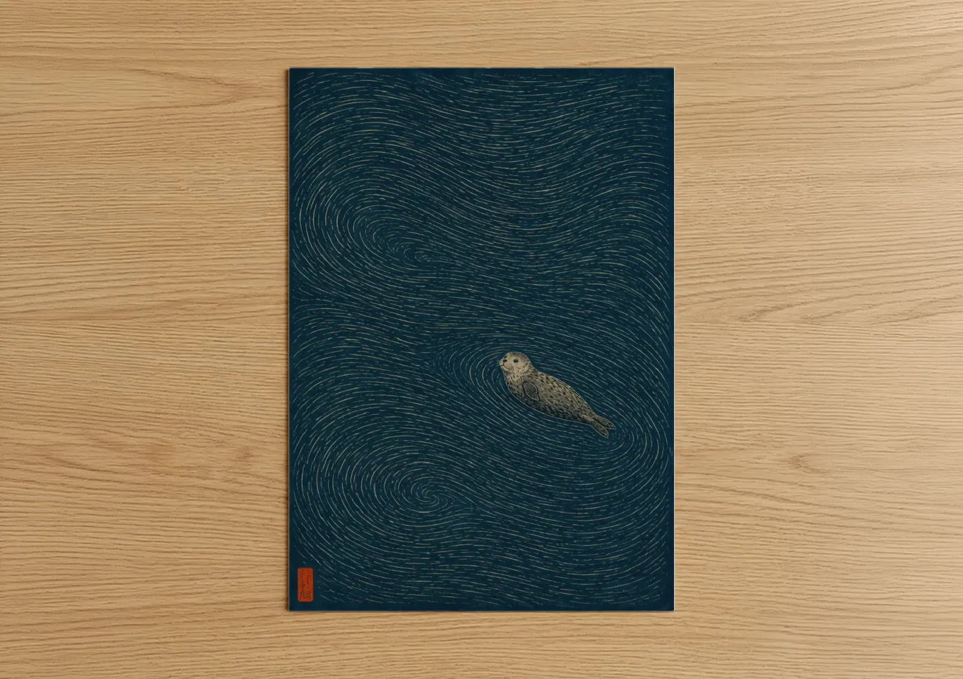 Sea urchin art print on warm oak wood — dark blue and teal palette — Sea Otter in Ocean Currents Wall Art poster