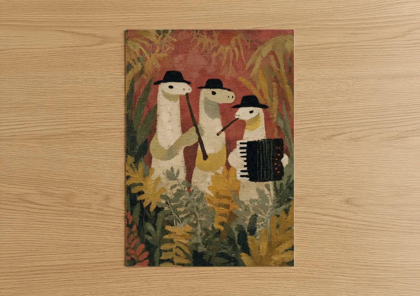 Boa constrictor art print on warm oak wood — red and olive palette — Whimsical Boa Musicians poster