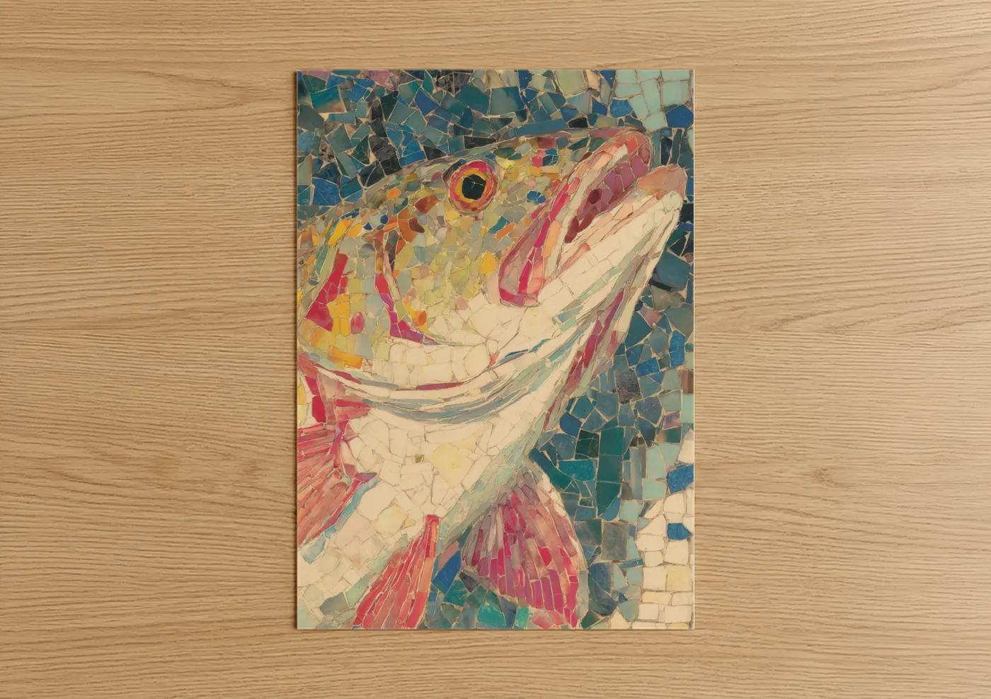 Art print on warm oak wood — blue and pink palette — Colorful Snook poster