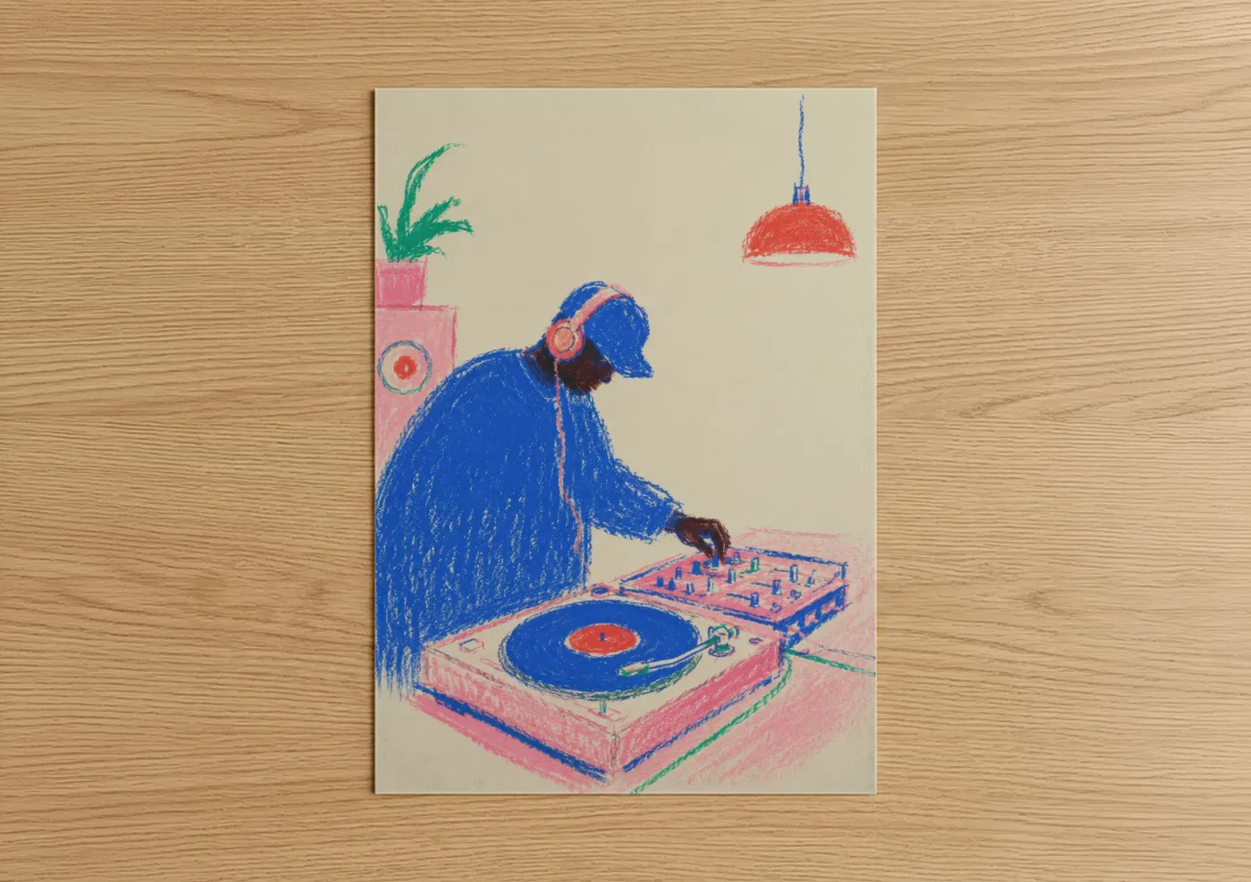 Vinyl records art print on warm oak wood — blue and pink palette — DJ Turntable Music Studio Wall Art poster