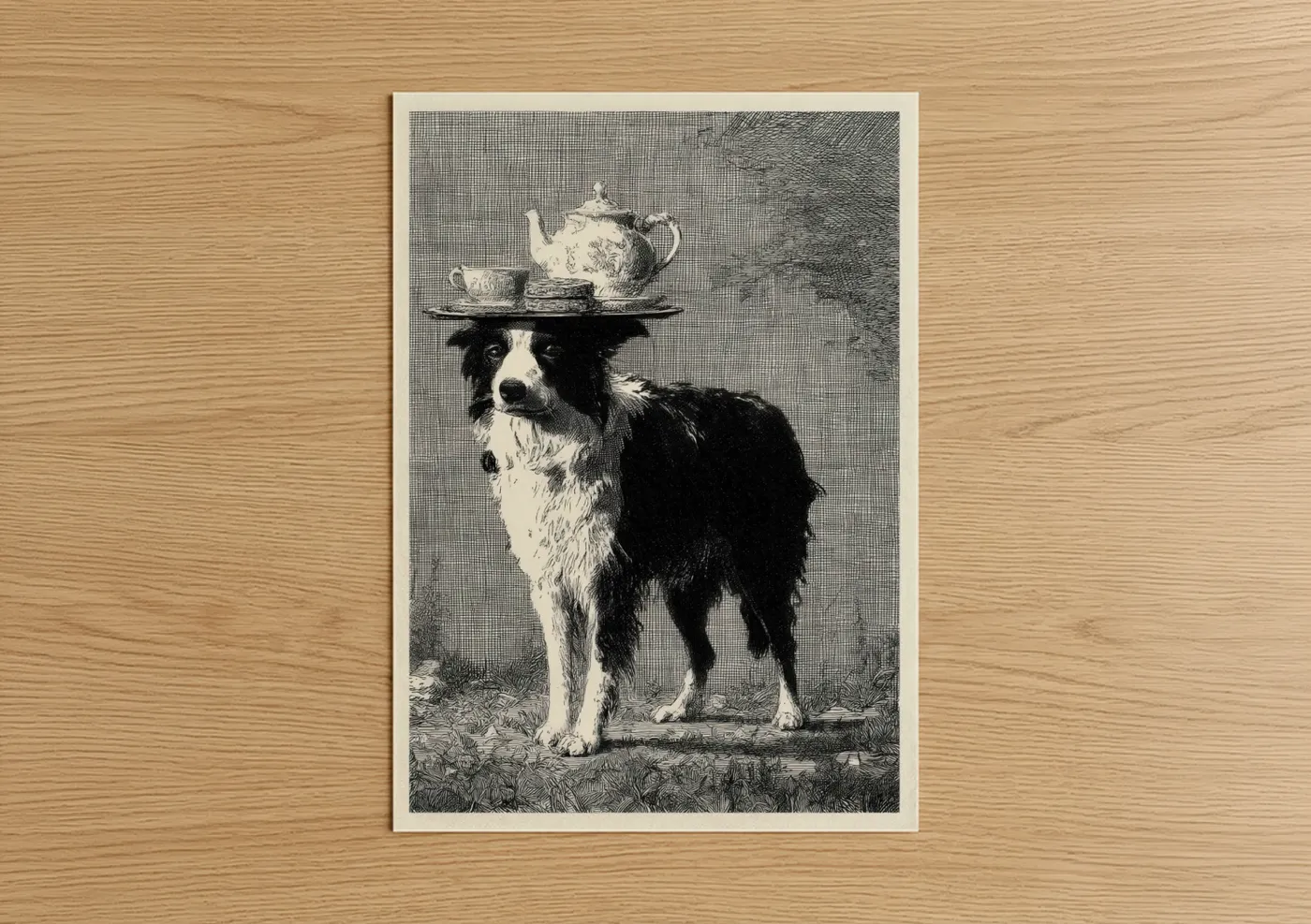 Black and White Collie Tea Service Engraving Wall Art