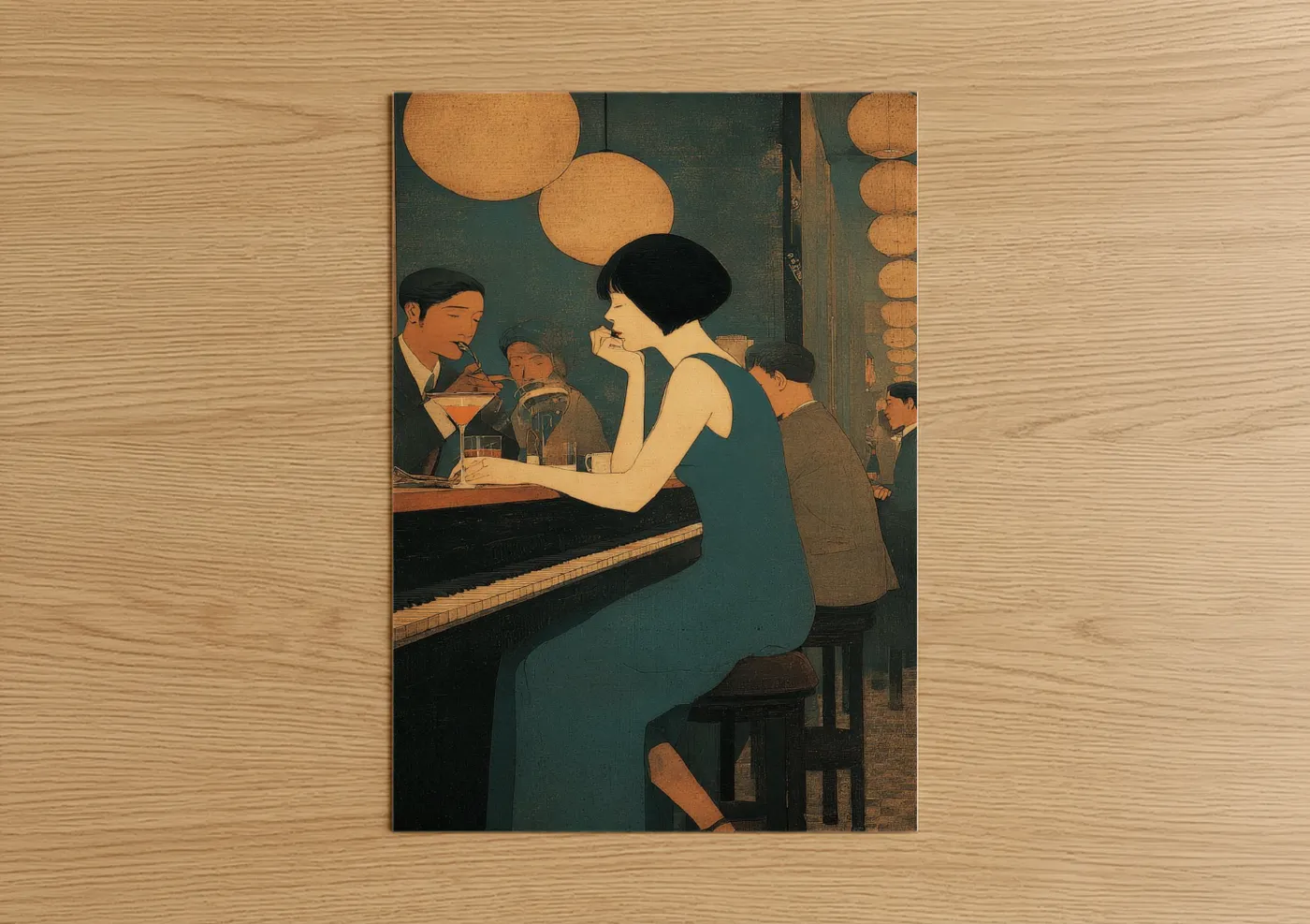 Vintage Japanese Bar Scene Elegant Woman Wall Art