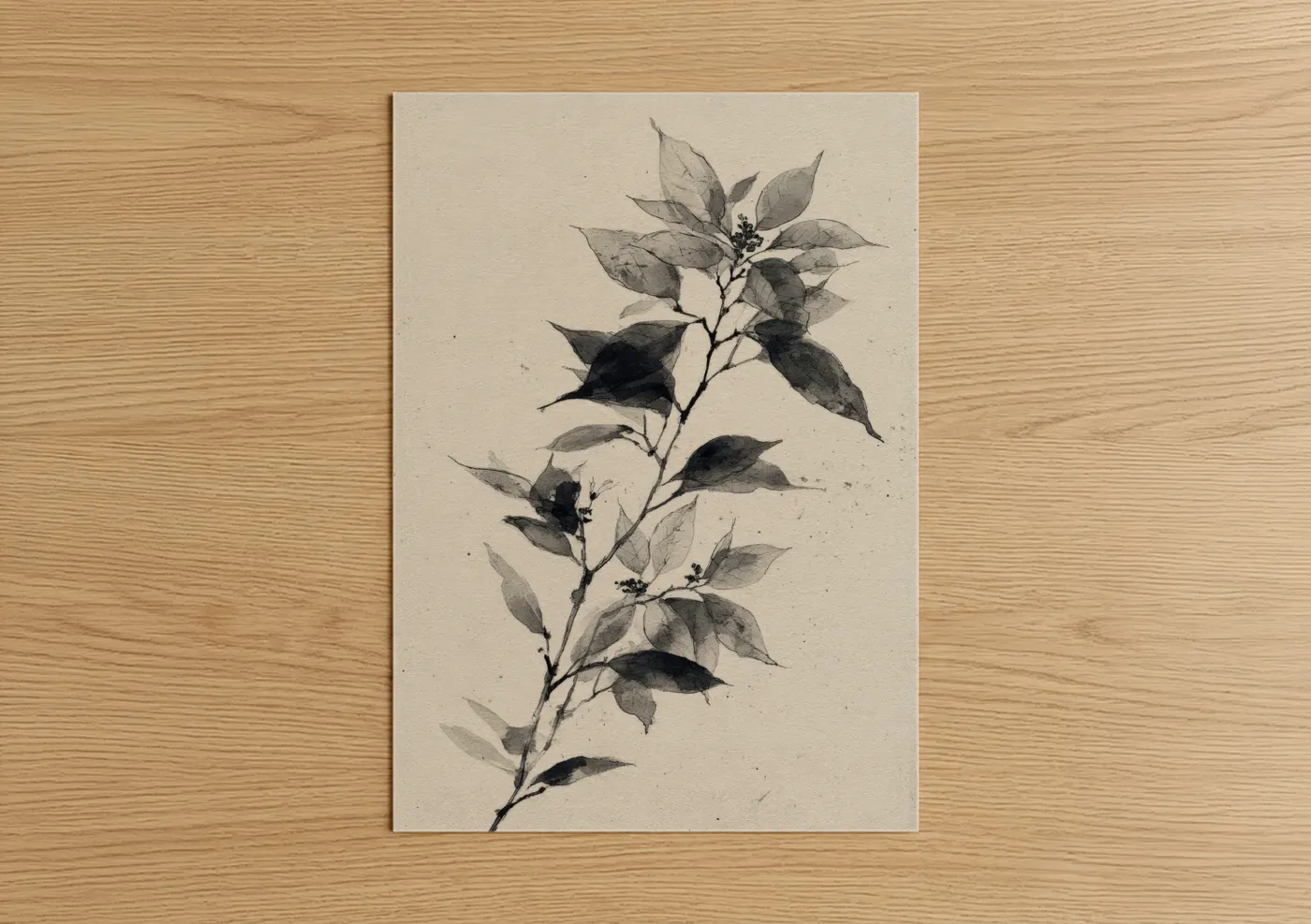 Poinsettias art print on warm oak wood — gray and black and white palette — Botanical Poinsettia Study poster