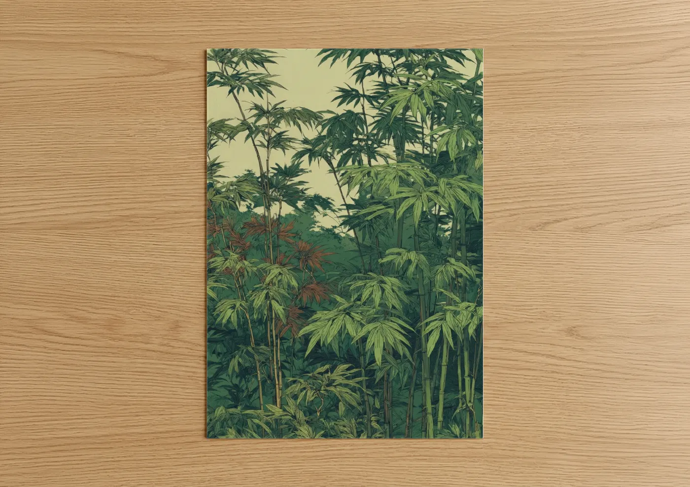 Art print on warm oak wood — true green and cream palette — Verdant Bamboo Jungle poster