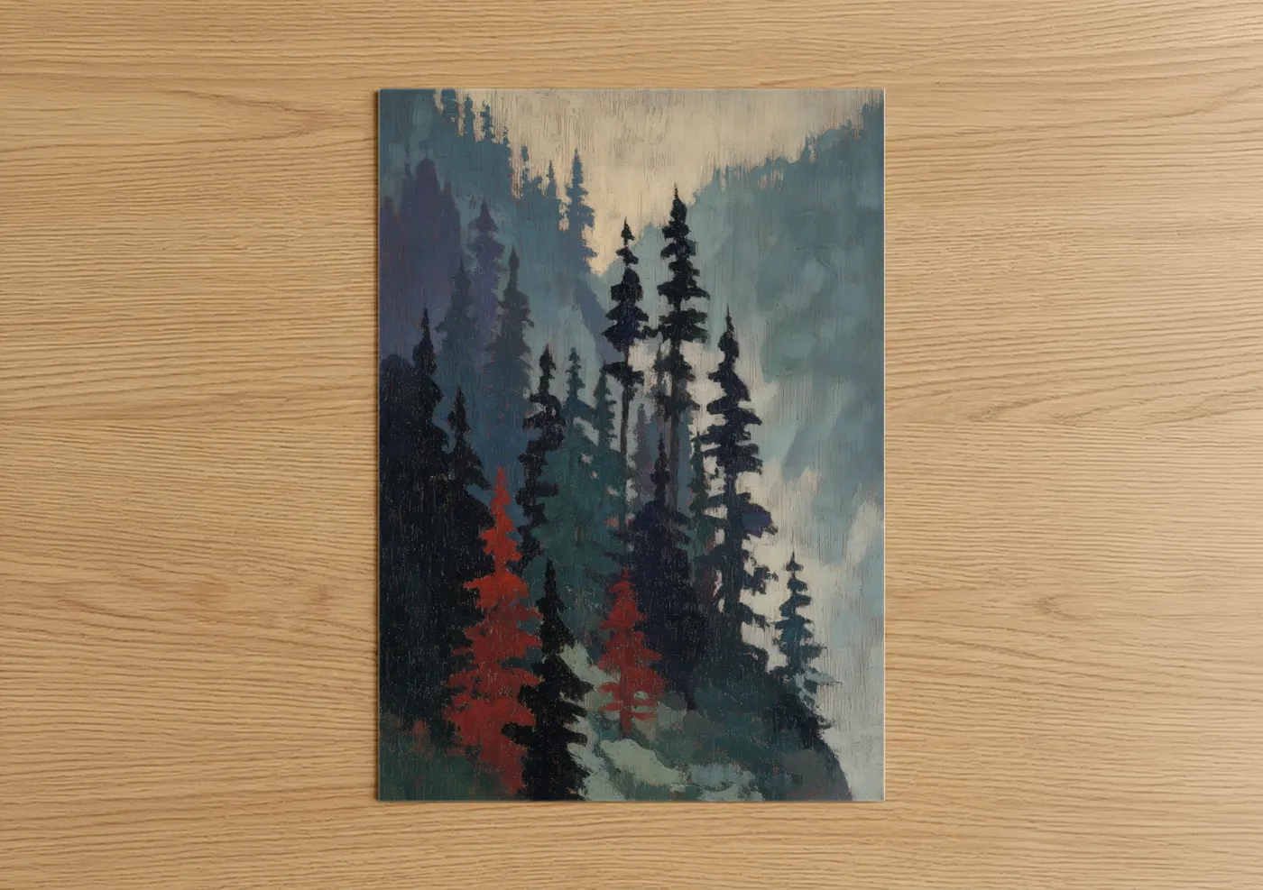 Forest trees art print on warm oak wood — blue and gray and red palette — Misty Forest Towers poster