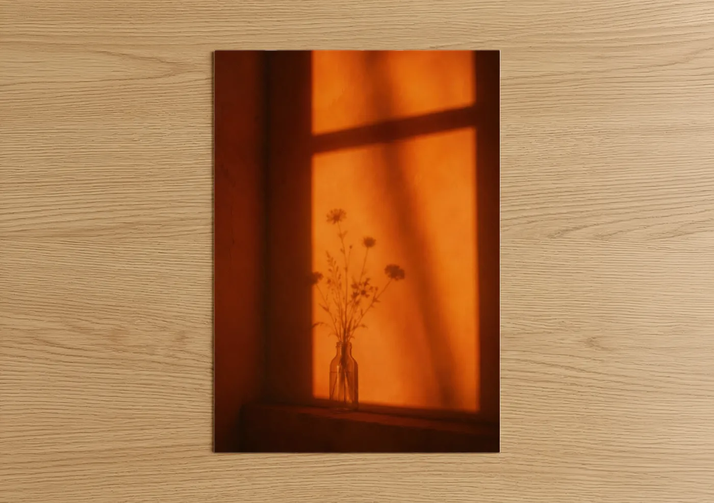 Art print on warm oak wood — orange and brown palette — Sunset Window With Dried Flowers Wall Art poster