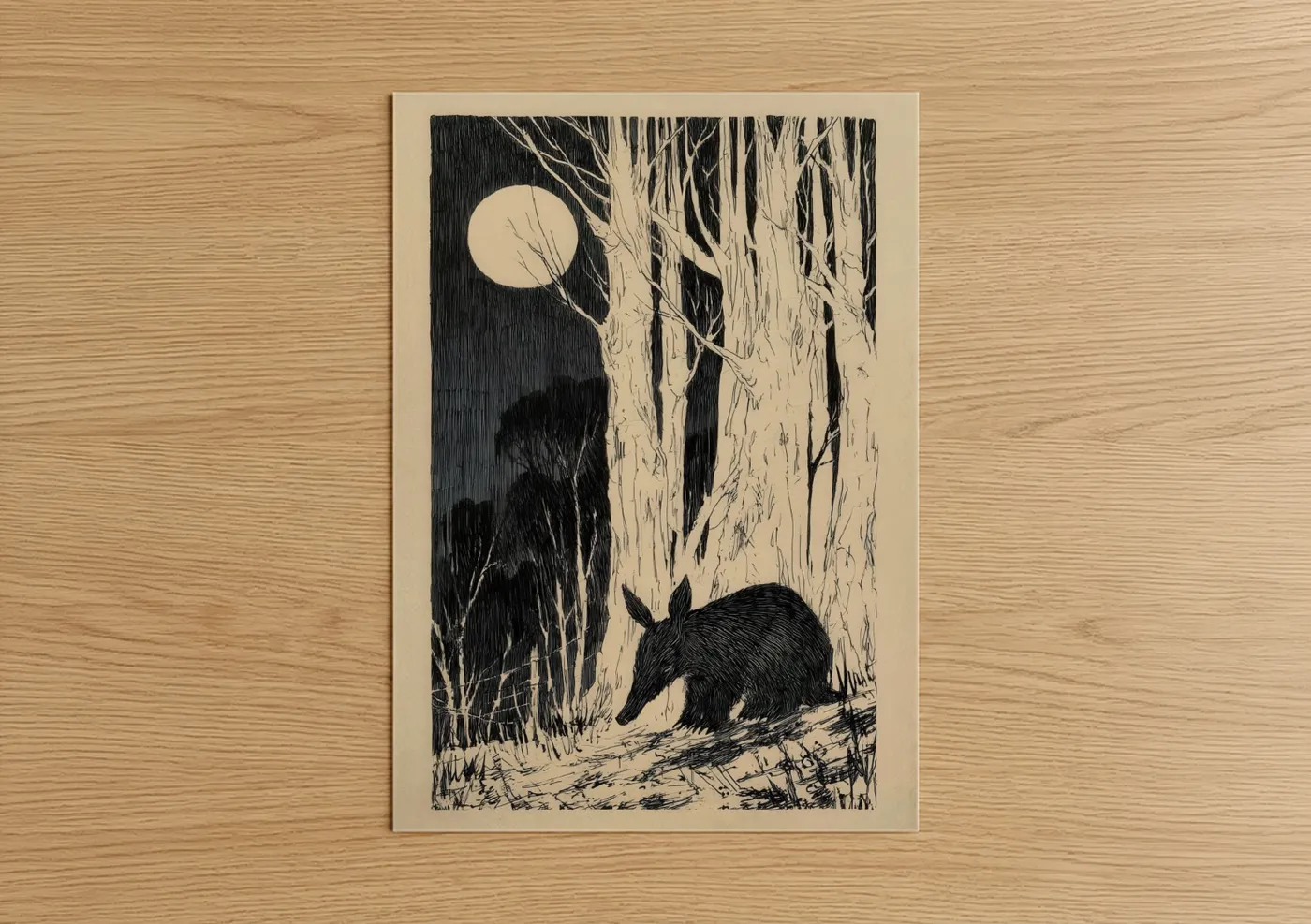Moonlit Aardvark Woodblock Print Wall Art
