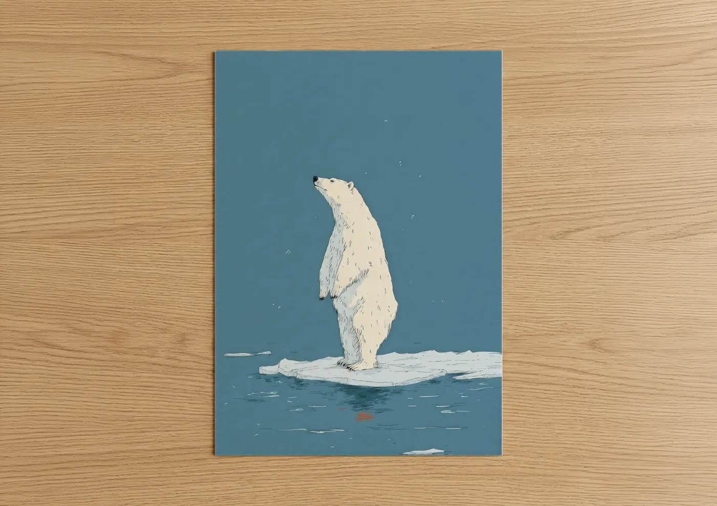 Art print on warm oak wood — blue and white palette — Snowy Polar Bear poster