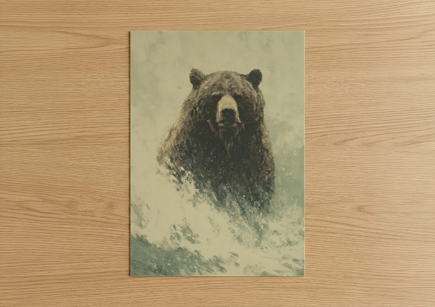 Grizzly bear art print on warm oak wood — cream and gray palette — Snowy Grizzly poster
