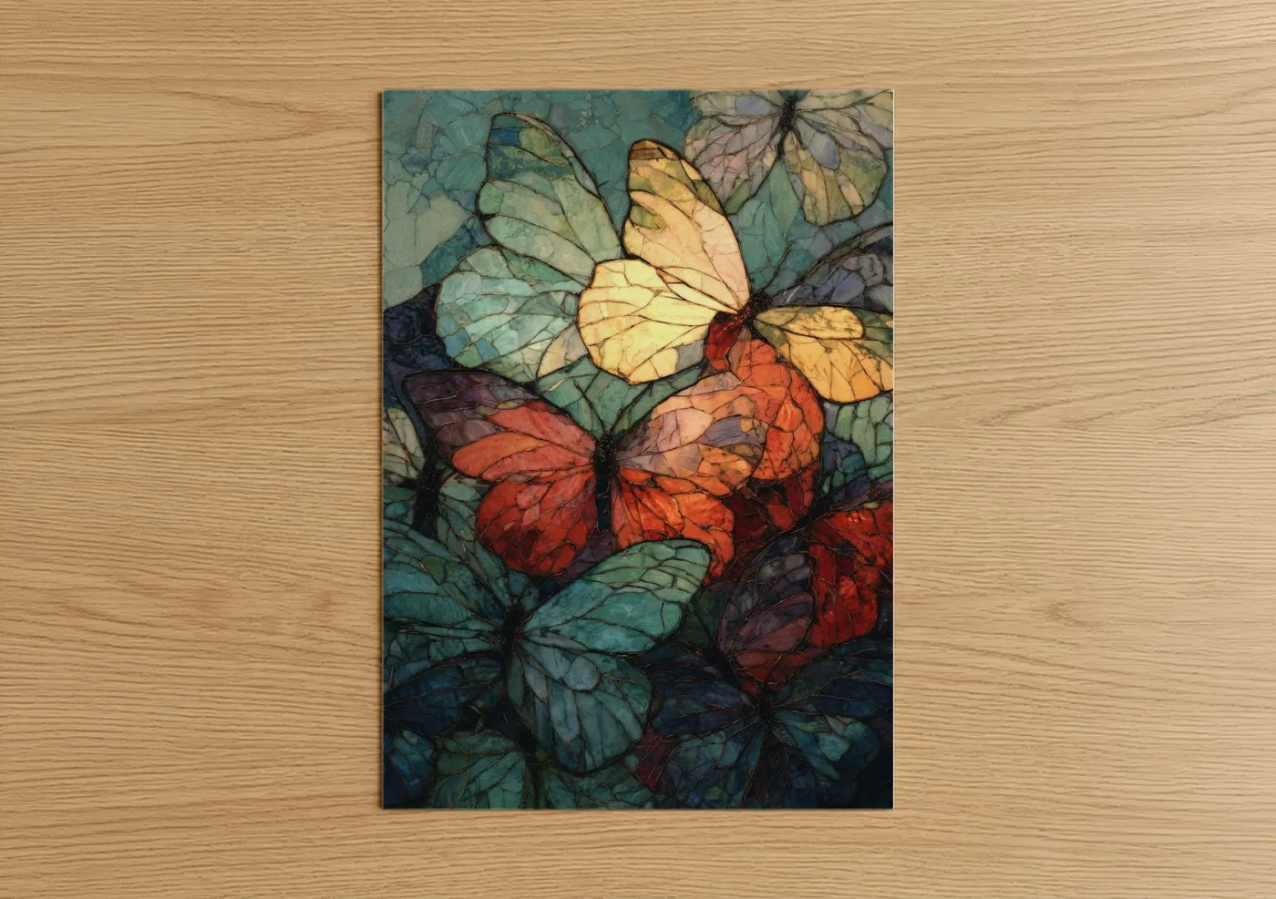 Butterfly art print on warm oak wood — teal and gold palette — Stained Glass Butterflies poster