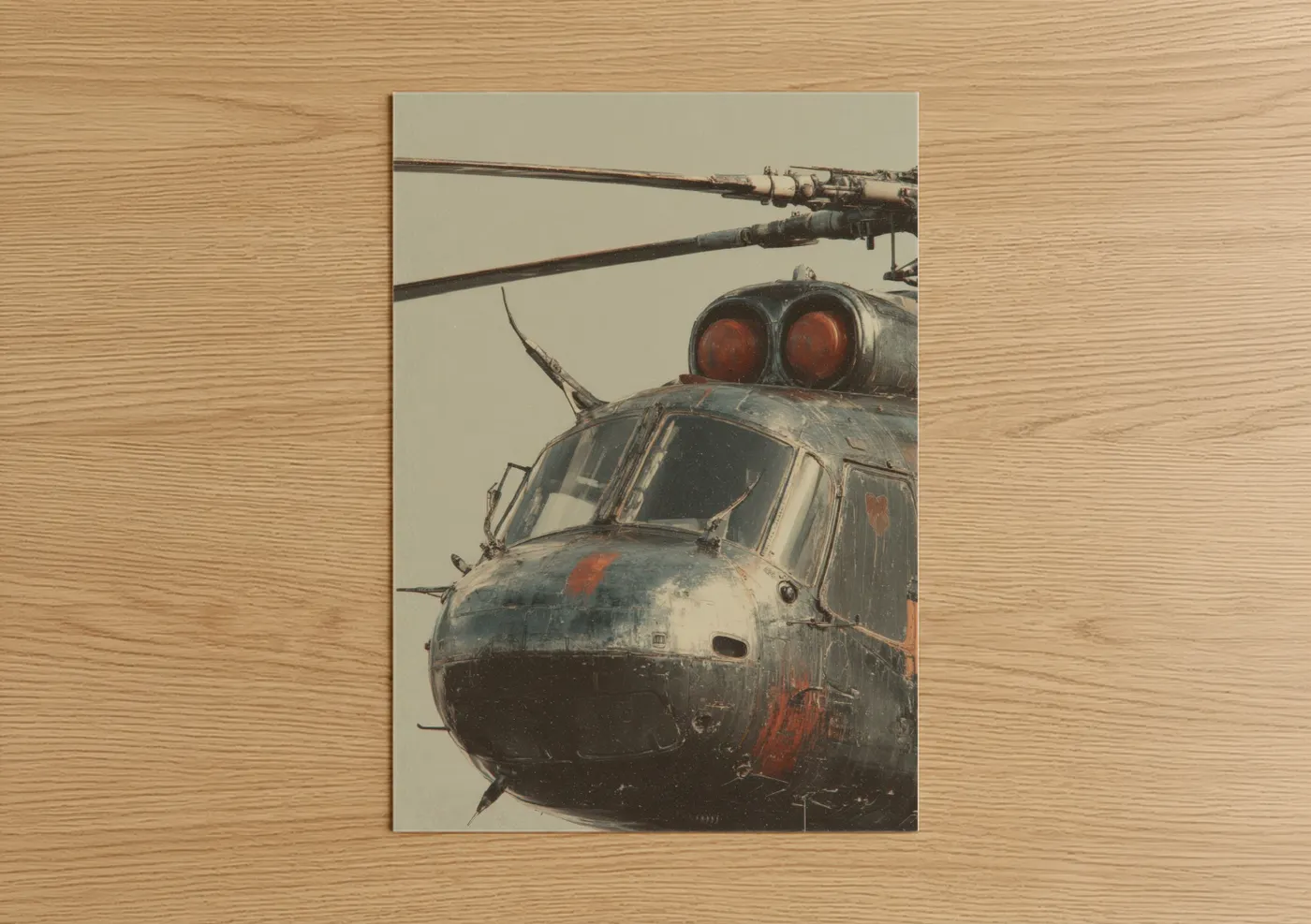 Art print on warm oak wood — gray and russet palette — Weathered Helicopter poster