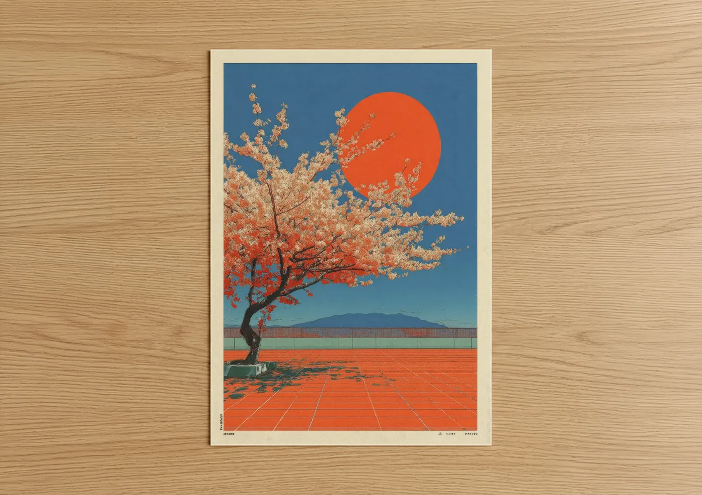 Japanese y2k art print on warm oak wood — red and blue palette — Crimson Sunset Tree poster