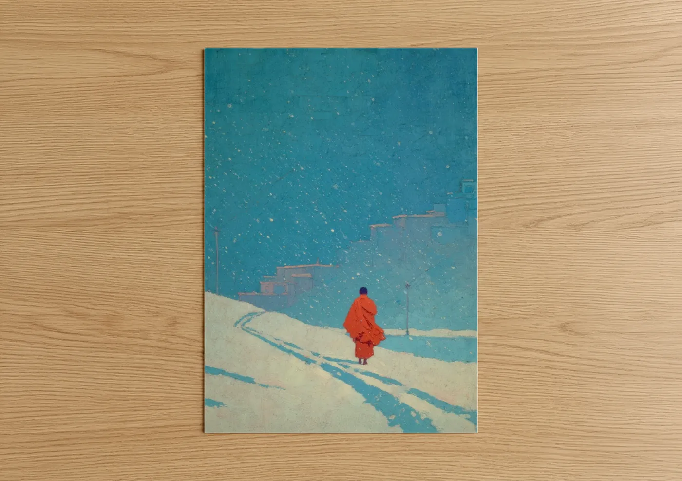 Buddhism art print on warm oak wood — teal and white palette — Snowy Monk poster