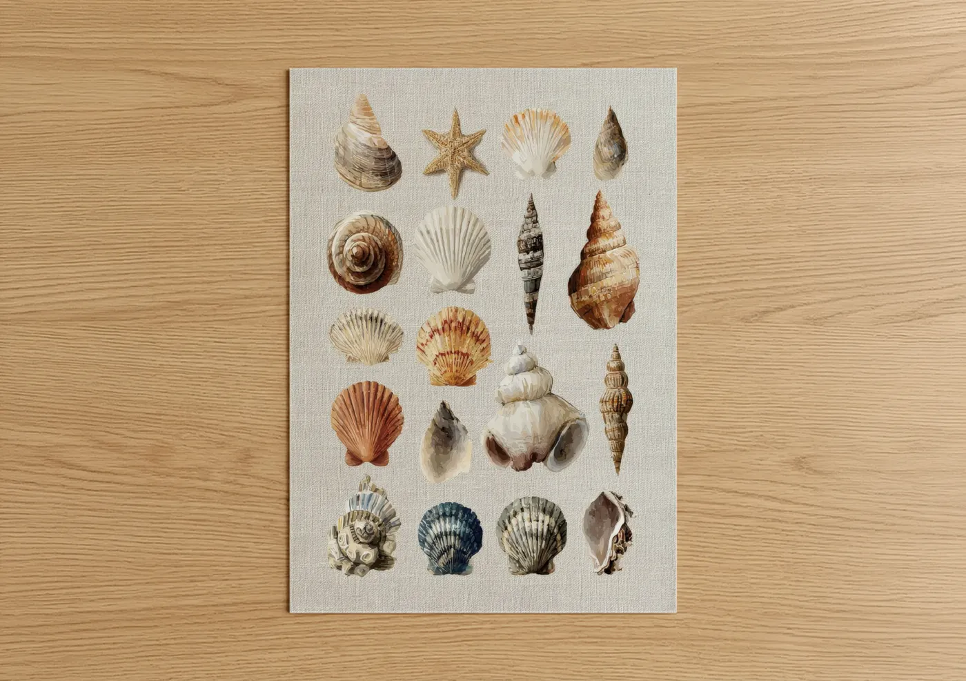 Seashell art print on warm oak wood — cream and beige palette — Coastal Shell Collection poster