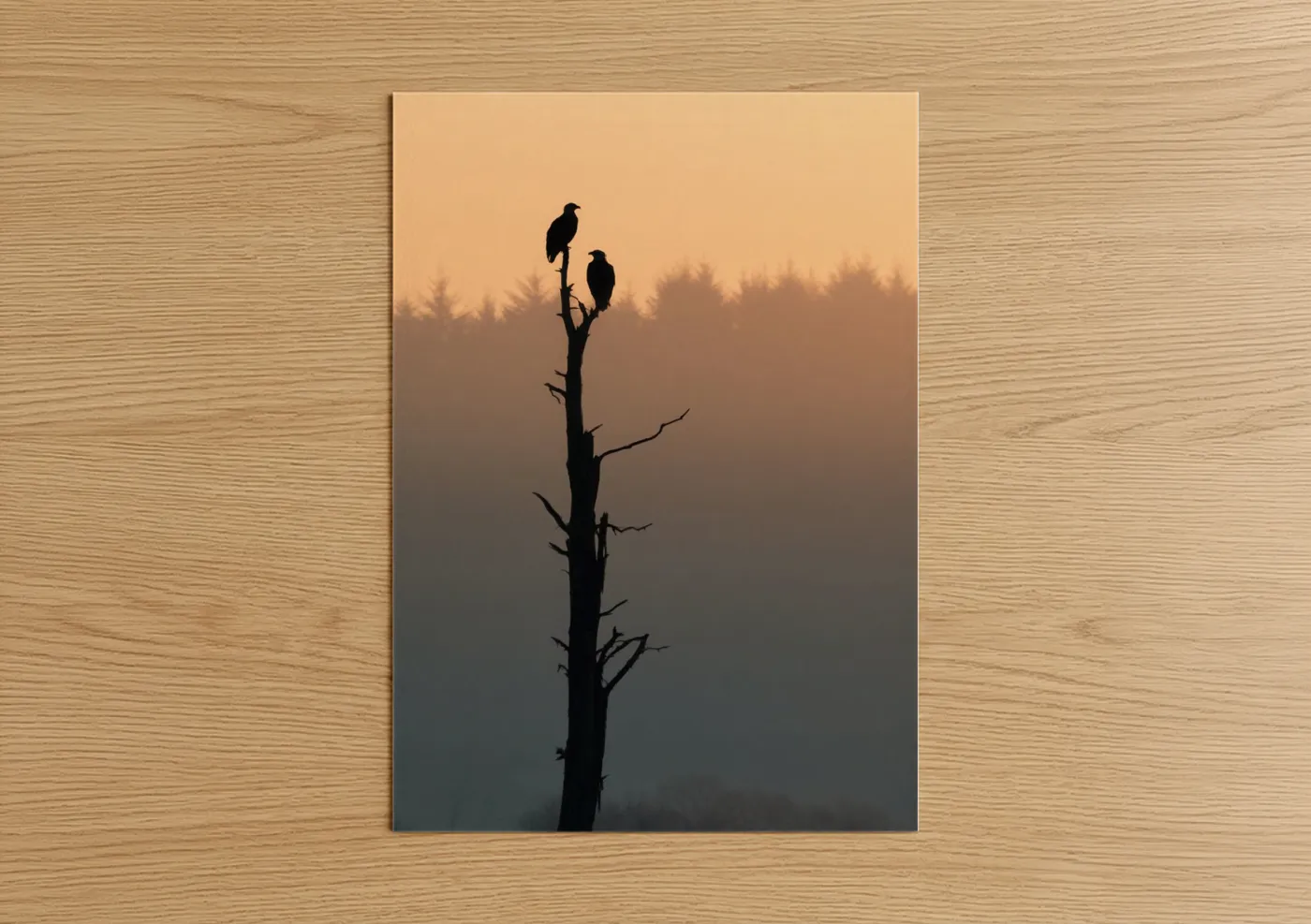 Art print on warm oak wood — black and gold and gray palette — Misty Eagle Vigil poster