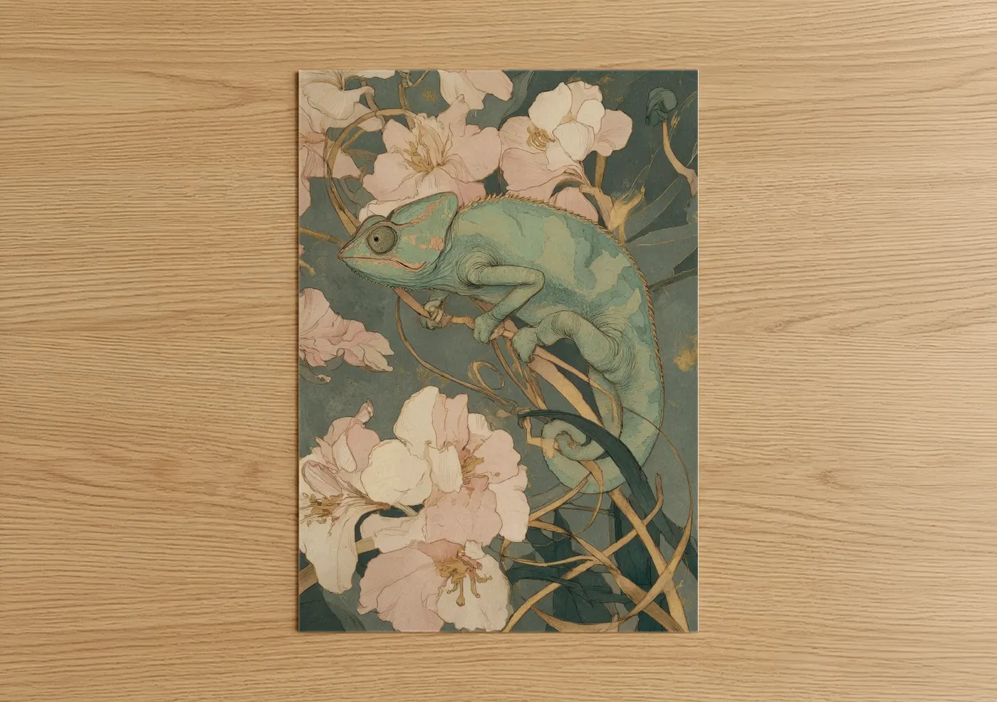 Green Chameleon Botanical Illustration Wall Art