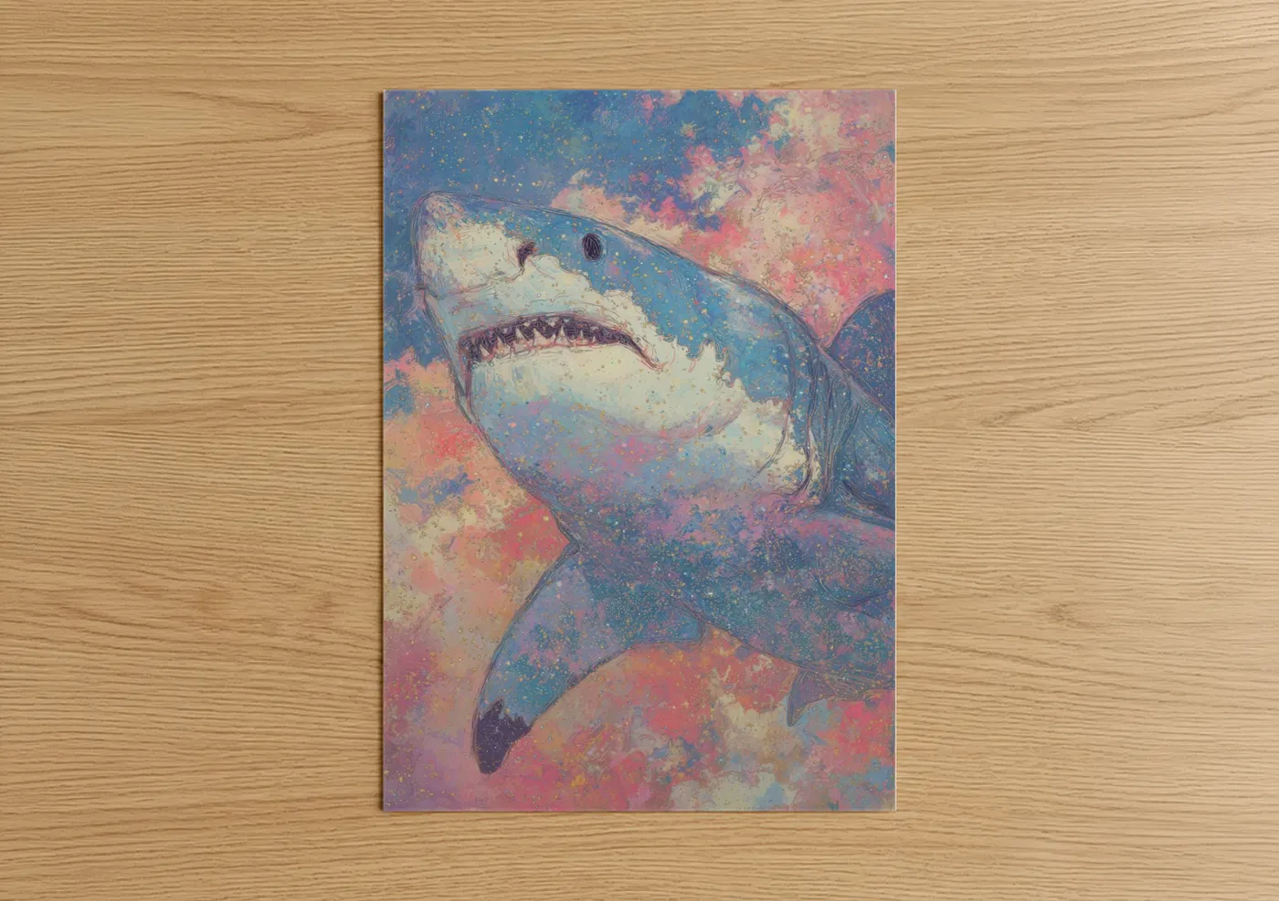 Great white shark art print on warm oak wood — blue and magenta palette — Cosmic Shark poster