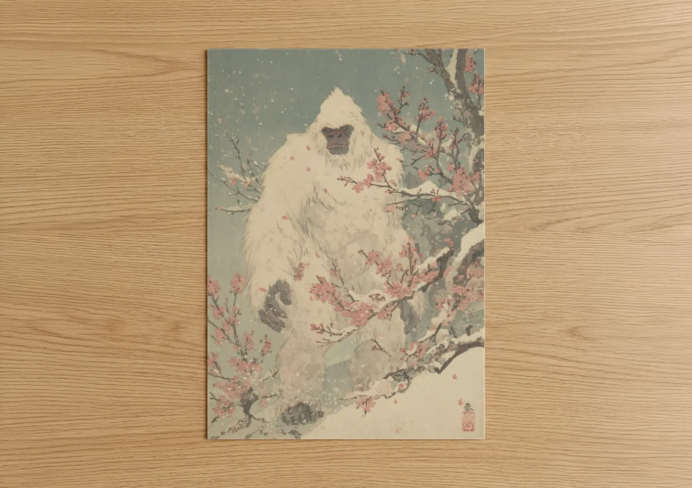 Snowy Yeti Cherry Blossoms Japanese Wall Art