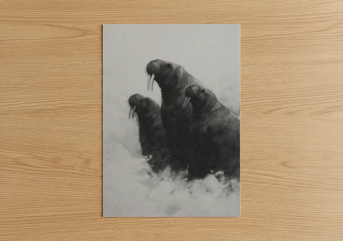 Art print on warm oak wood — black and white and gray palette — Arctic Walrus Pair poster