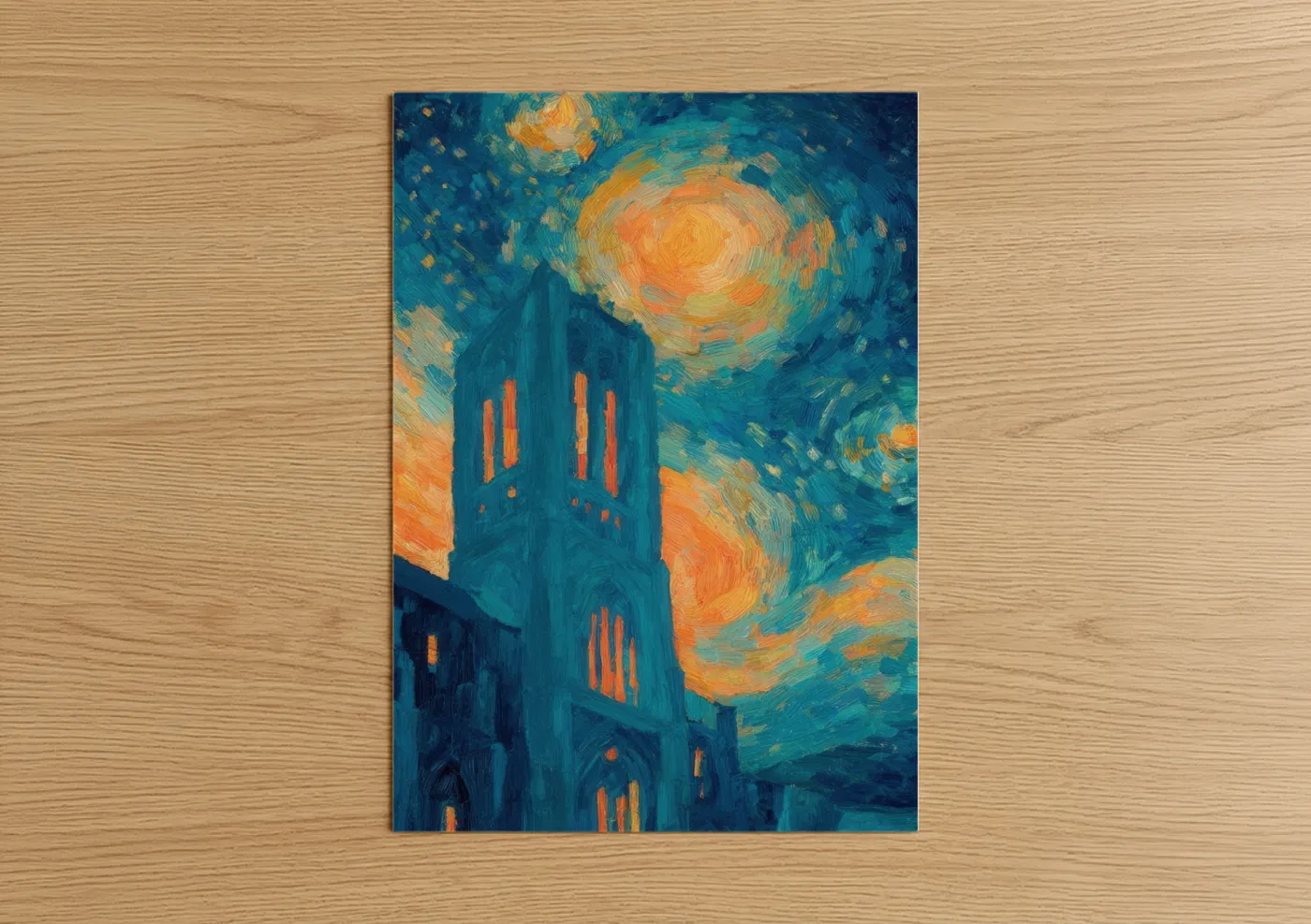 Art print on warm oak wood — blue and gold palette — Starry Cathedral poster